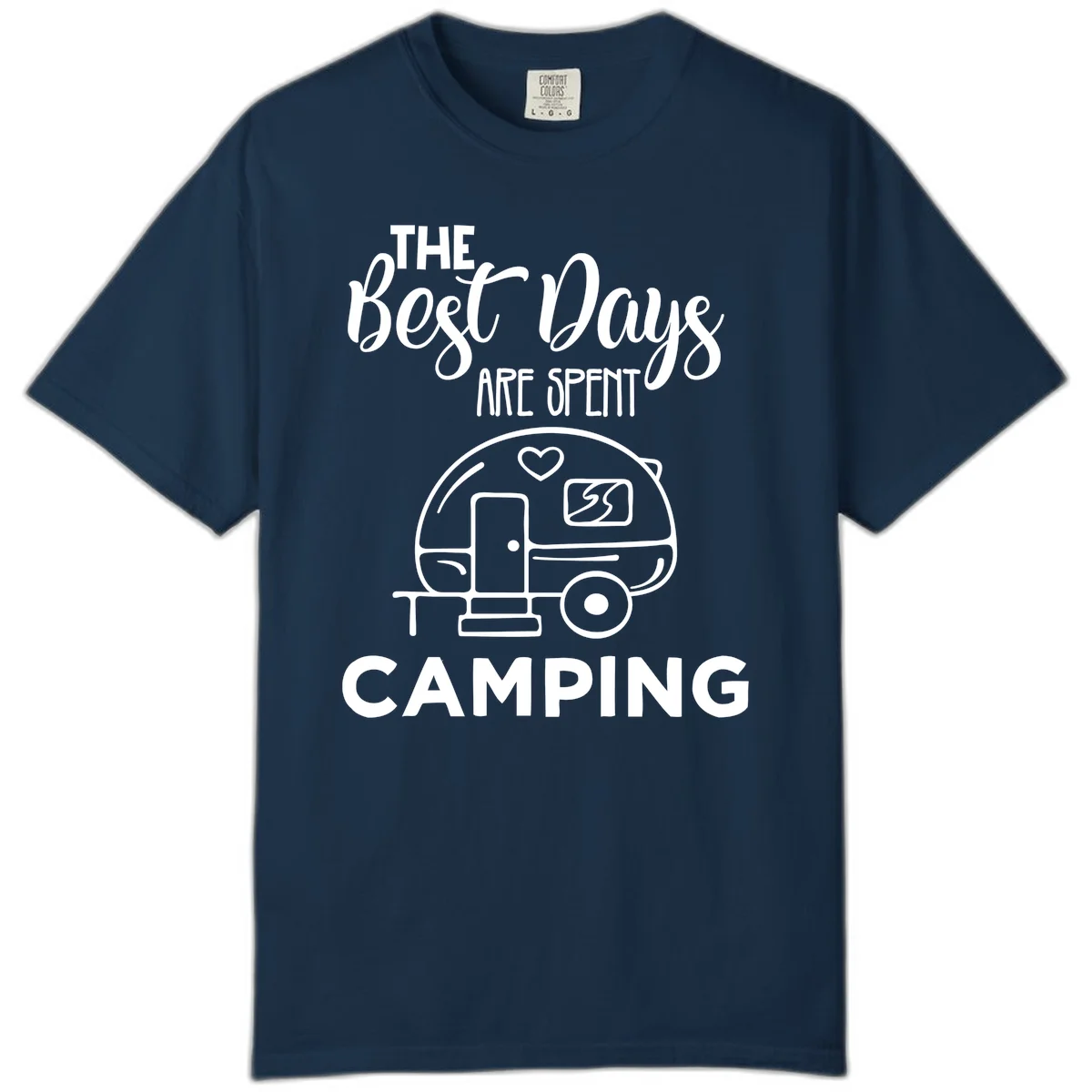 Best days camping design with vintage travel trailer, heart, and picnic table illustration with text in True Navy