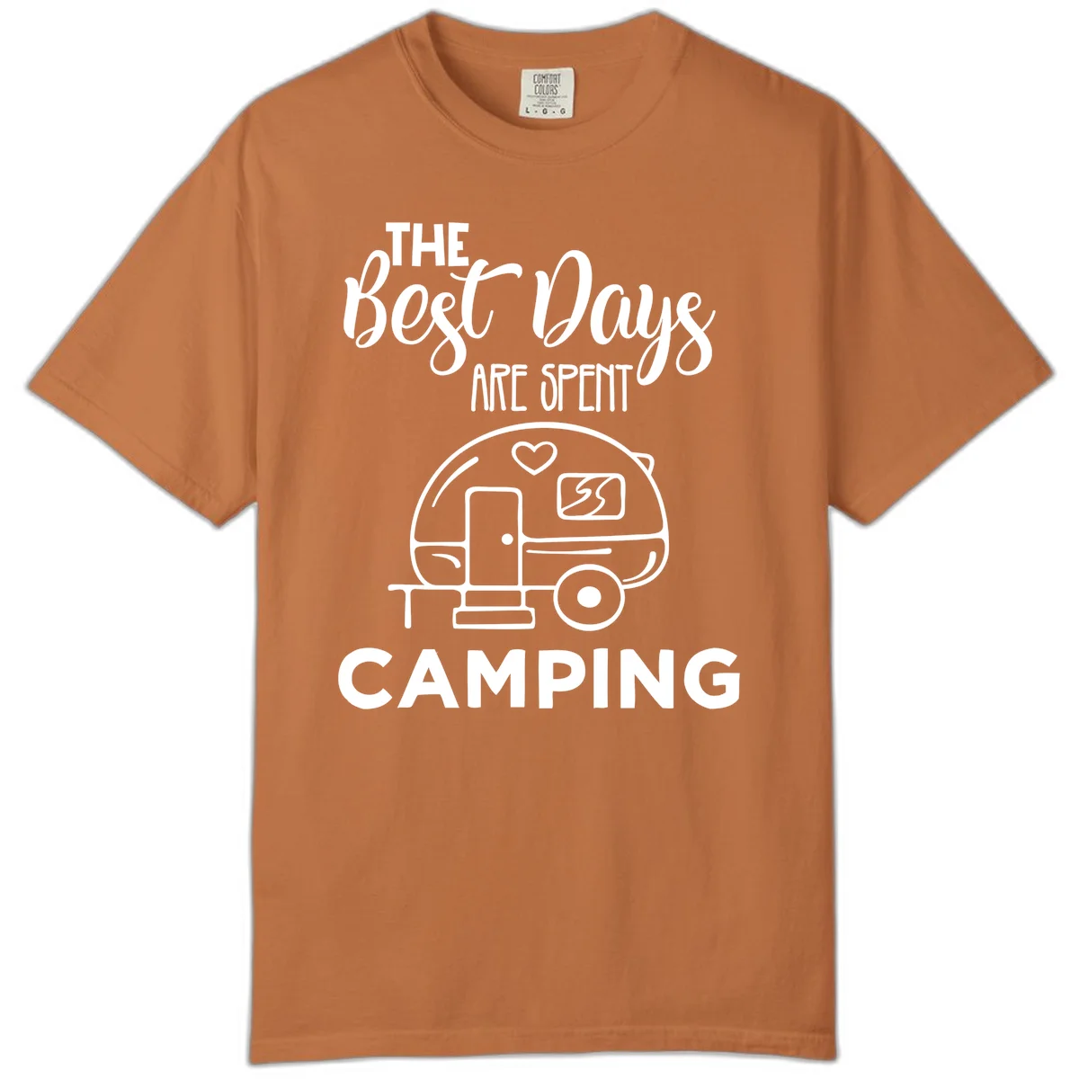Best days camping design with vintage travel trailer, heart, and picnic table illustration with text in Yam