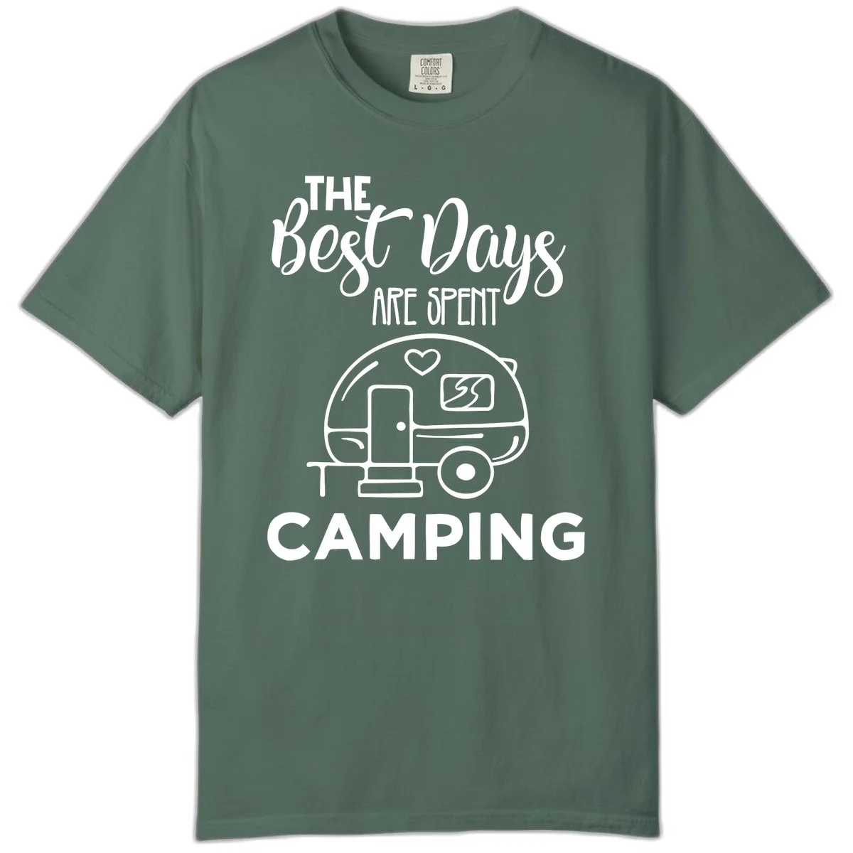 Best days camping design with vintage travel trailer, heart, and picnic table illustration with text in Blue Spruce