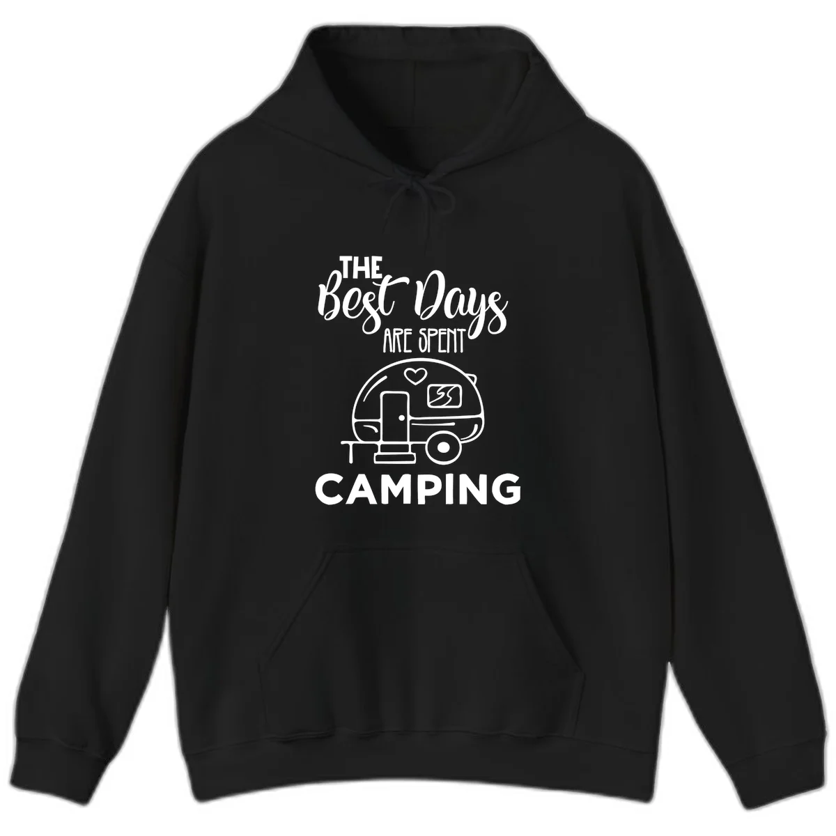 Best days camping design with vintage travel trailer, heart, and picnic table illustration with text in Black