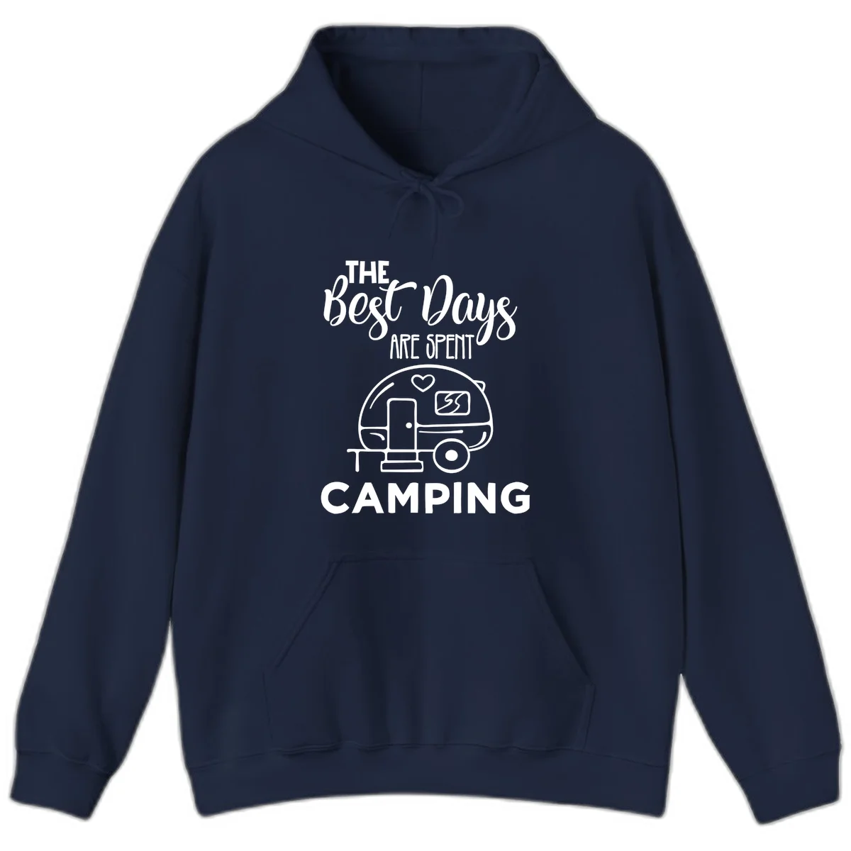 Best days camping design with vintage travel trailer, heart, and picnic table illustration with text in Navy
