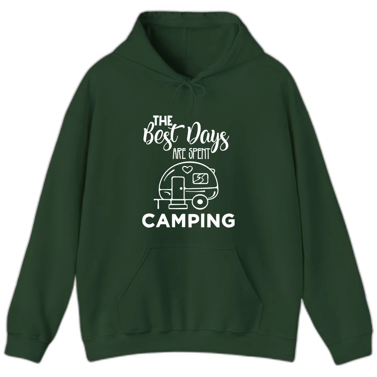 Best days camping design with vintage travel trailer, heart, and picnic table illustration with text in Forest Green