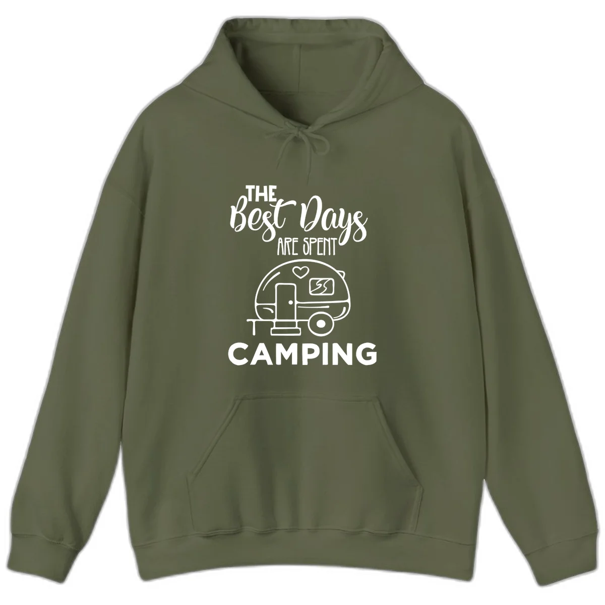 Best days camping design with vintage travel trailer, heart, and picnic table illustration with text in Military Green