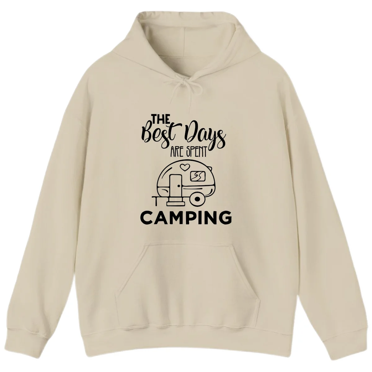 Best days camping design with vintage travel trailer, heart, and picnic table illustration with text in Sand