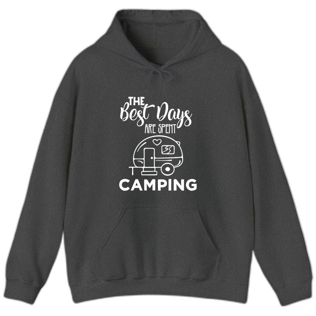 Best days camping design with vintage travel trailer, heart, and picnic table illustration with text in Dark Heather