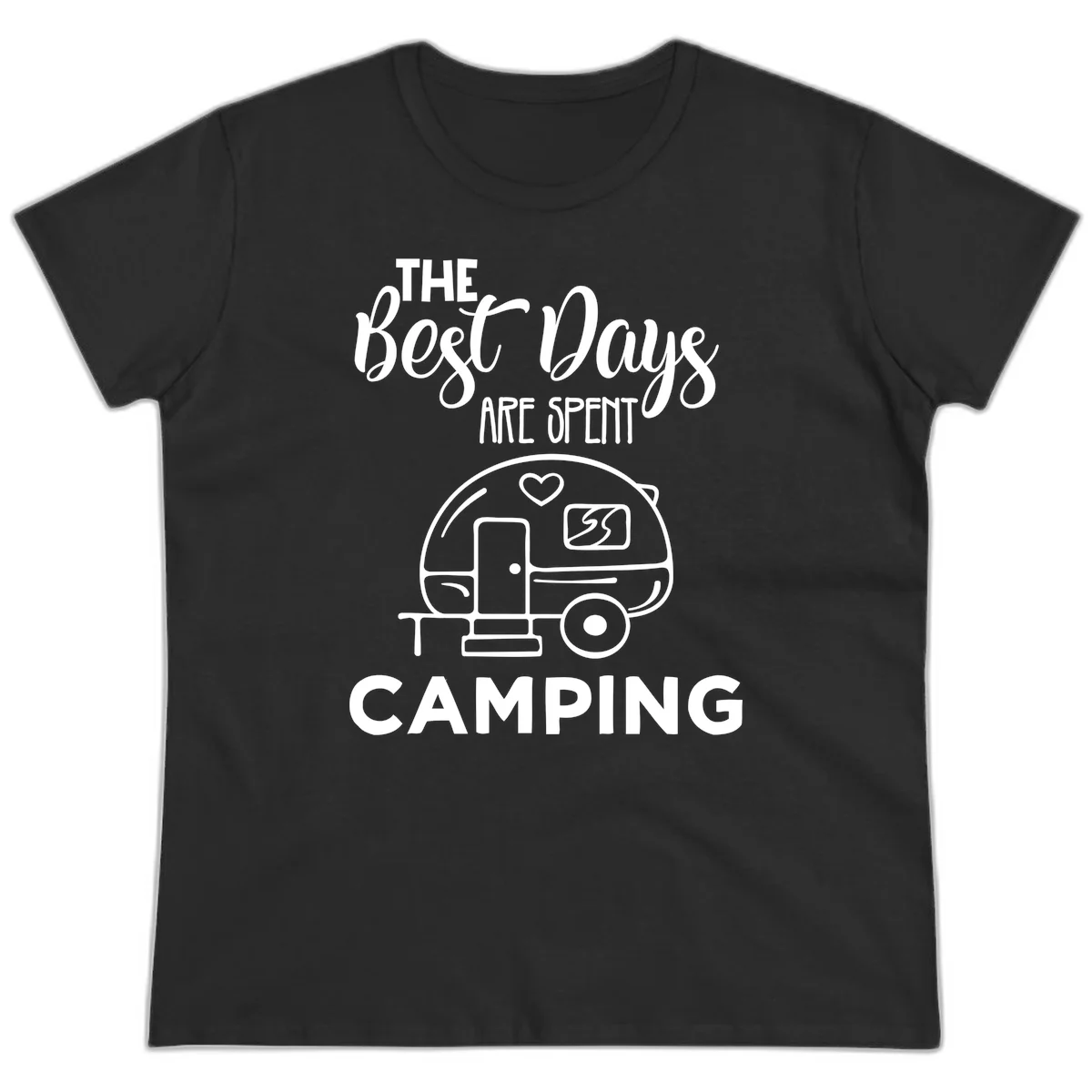 Best days camping design with vintage travel trailer, heart, and picnic table illustration with text in Black