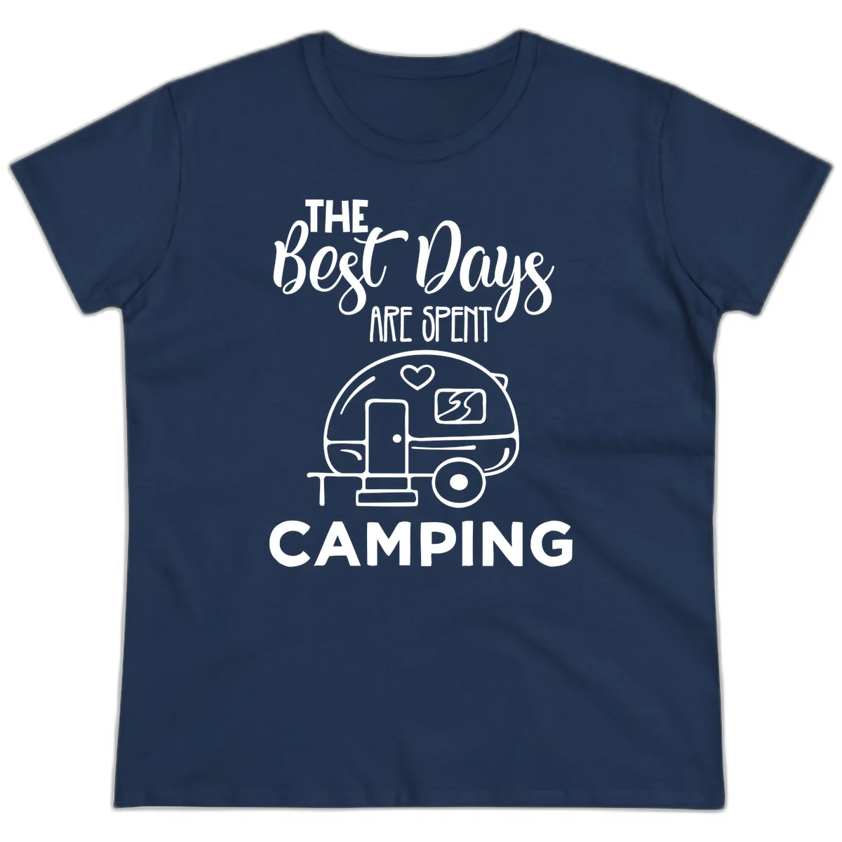 Best days camping design with vintage travel trailer, heart, and picnic table illustration with text in Navy