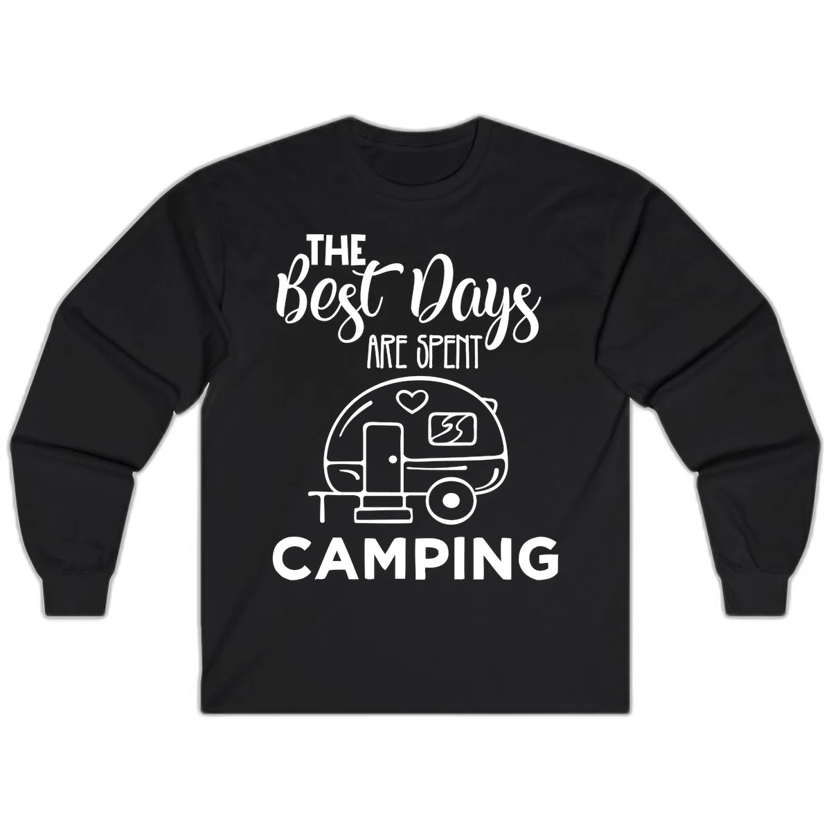 Best days camping design with vintage travel trailer, heart, and picnic table illustration with text in Black