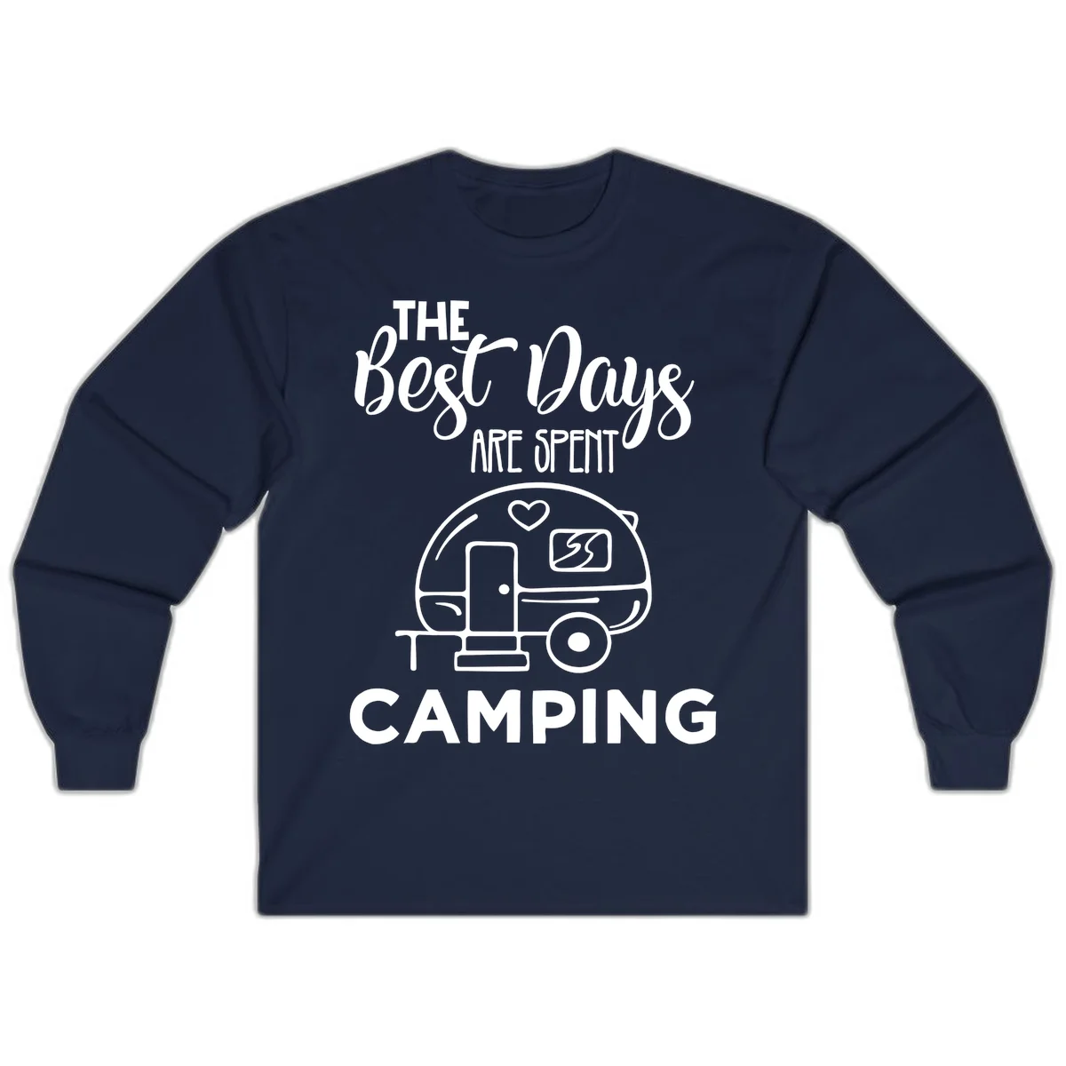 Best days camping design with vintage travel trailer, heart, and picnic table illustration with text in Navy