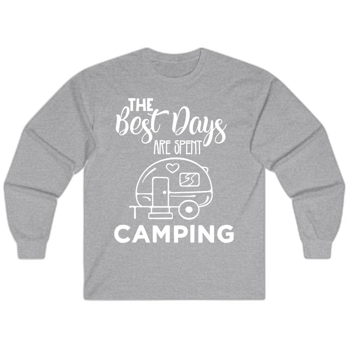 Best days camping design with vintage travel trailer, heart, and picnic table illustration with text in Sport Grey