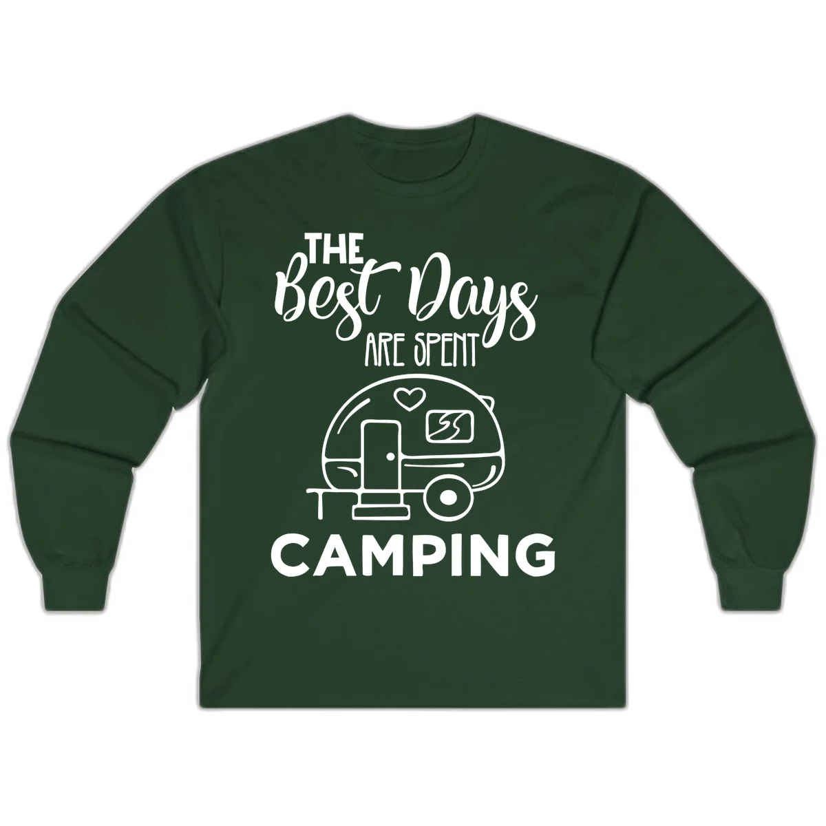 Best days camping design with vintage travel trailer, heart, and picnic table illustration with text in Forest Green