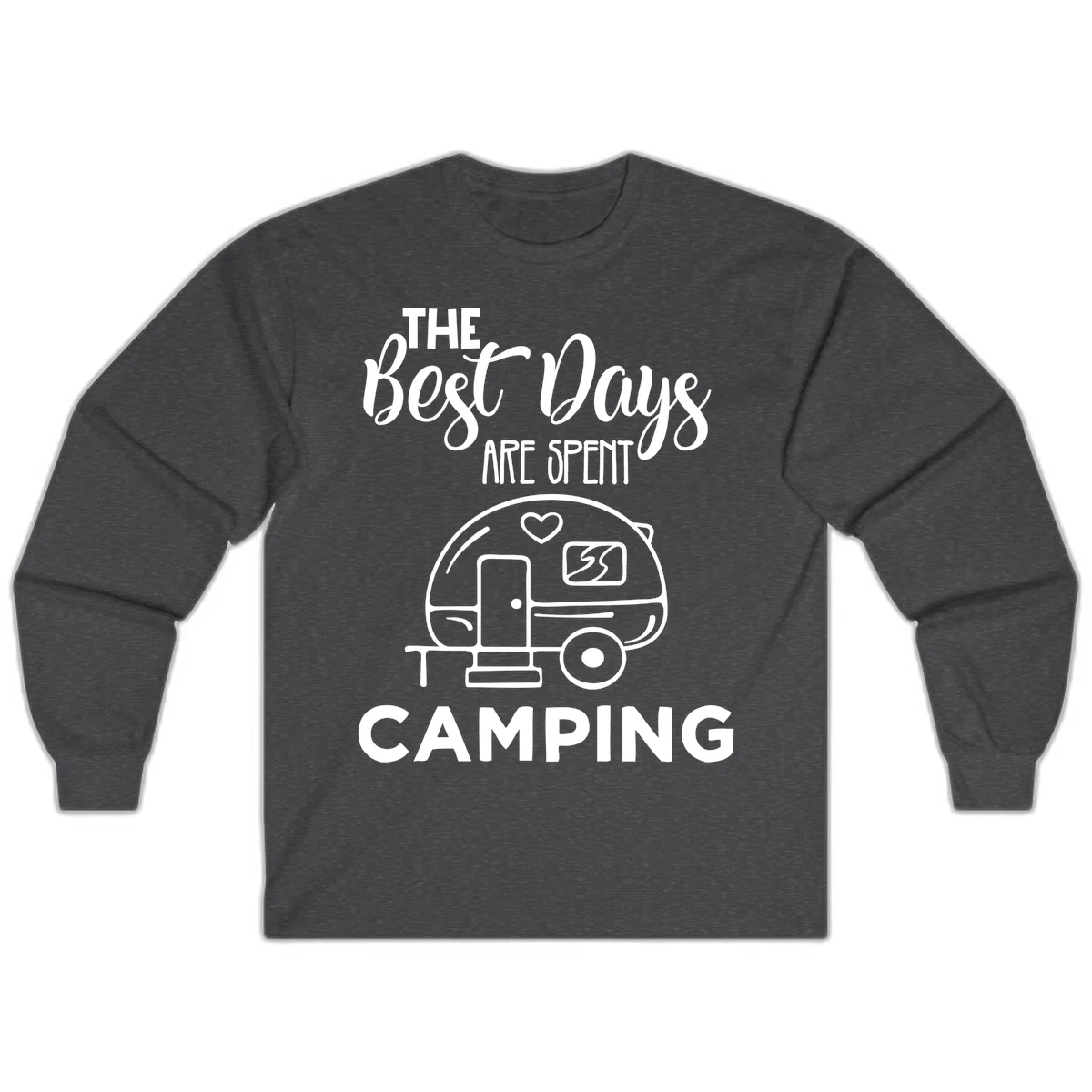 Best days camping design with vintage travel trailer, heart, and picnic table illustration with text in Dark Heather