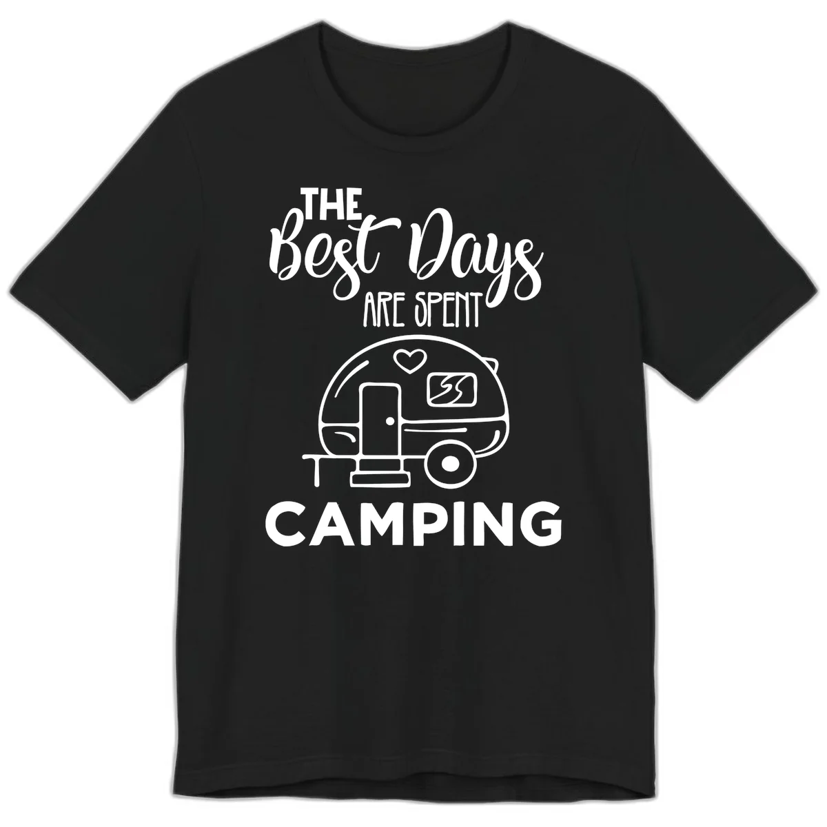 Best days camping design with vintage travel trailer, heart, and picnic table illustration with text in Black