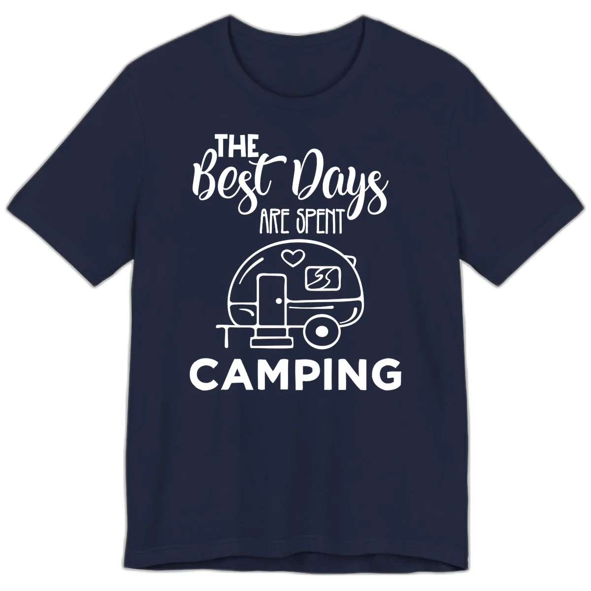 Best days camping design with vintage travel trailer, heart, and picnic table illustration with text in Navy