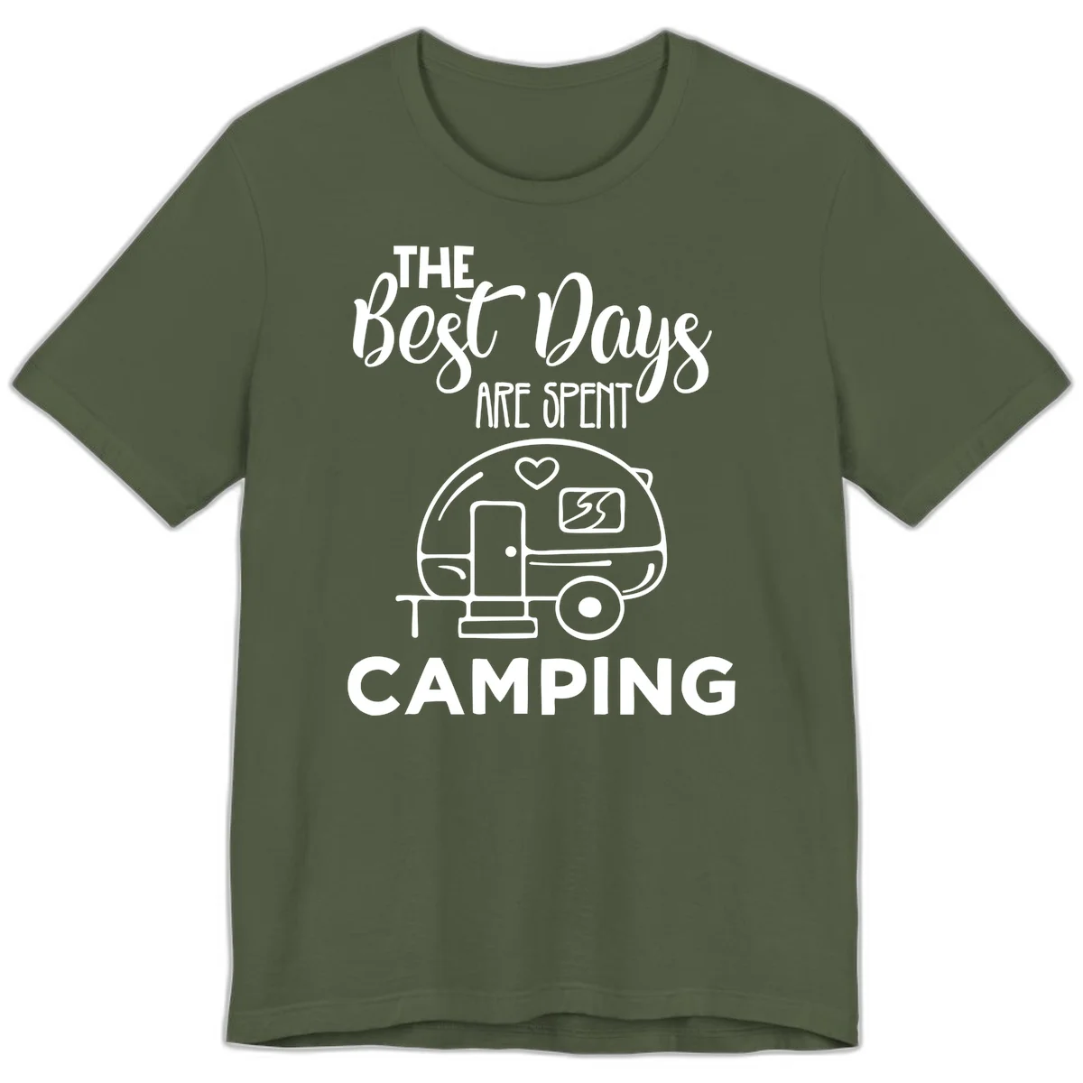 Best days camping design with vintage travel trailer, heart, and picnic table illustration with text in Military Green