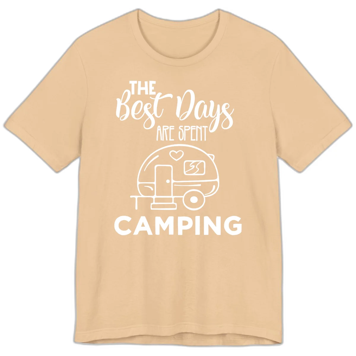 Best days camping design with vintage travel trailer, heart, and picnic table illustration with text in Sand Dune