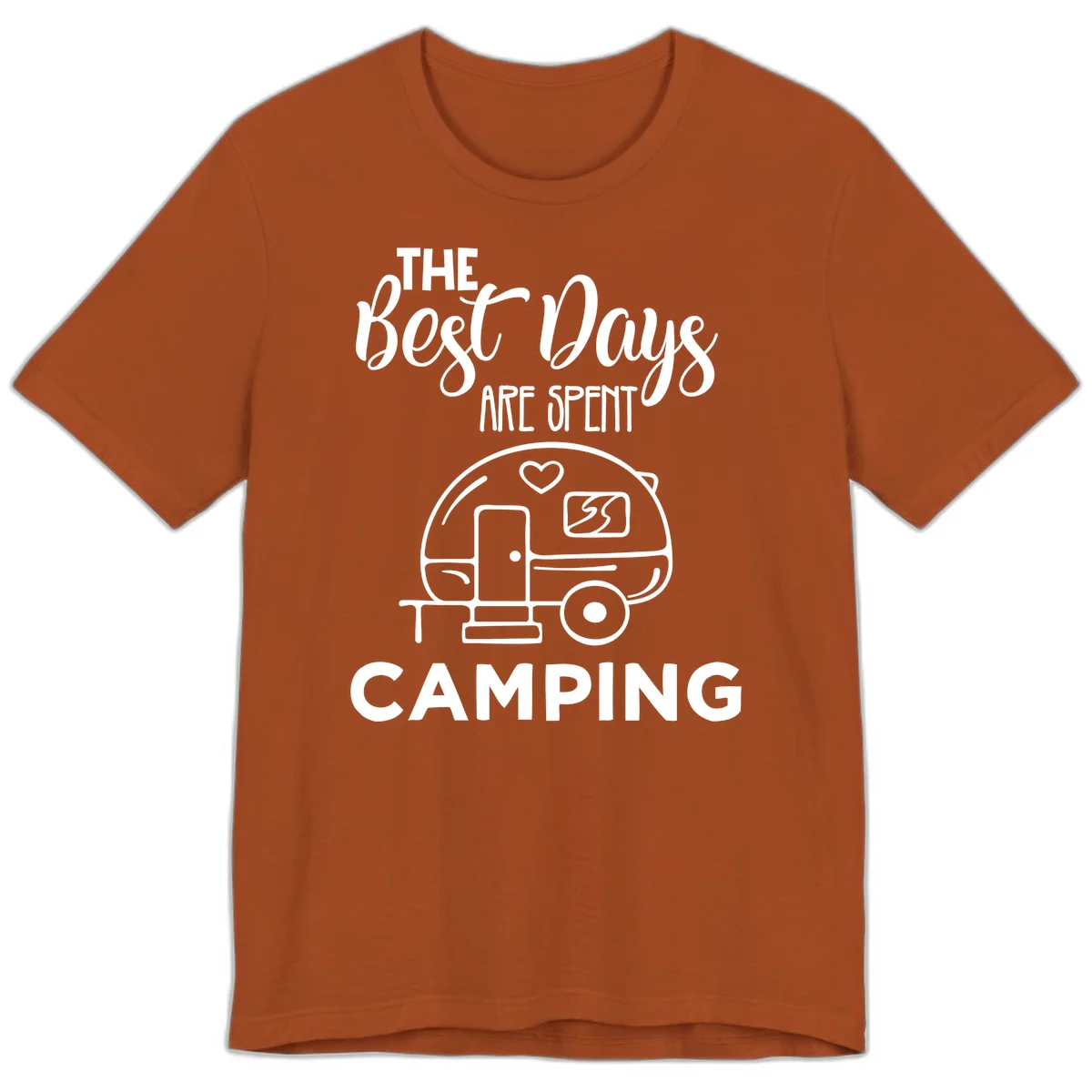 Best days camping design with vintage travel trailer, heart, and picnic table illustration with text in Autumn