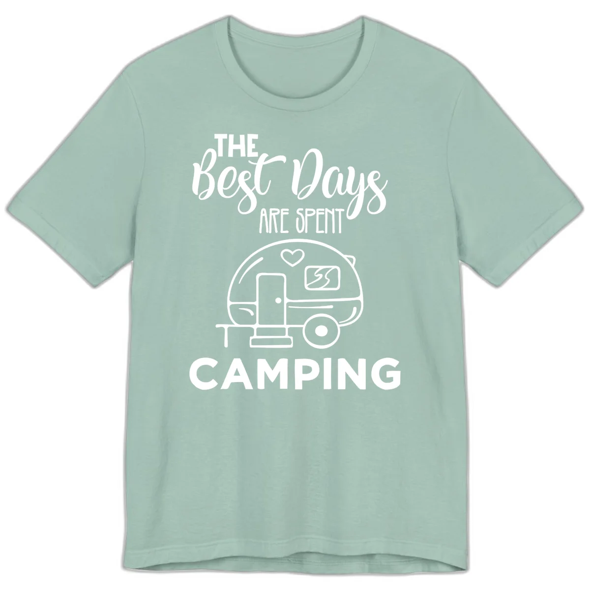 Best days camping design with vintage travel trailer, heart, and picnic table illustration with text in Dusty Blue