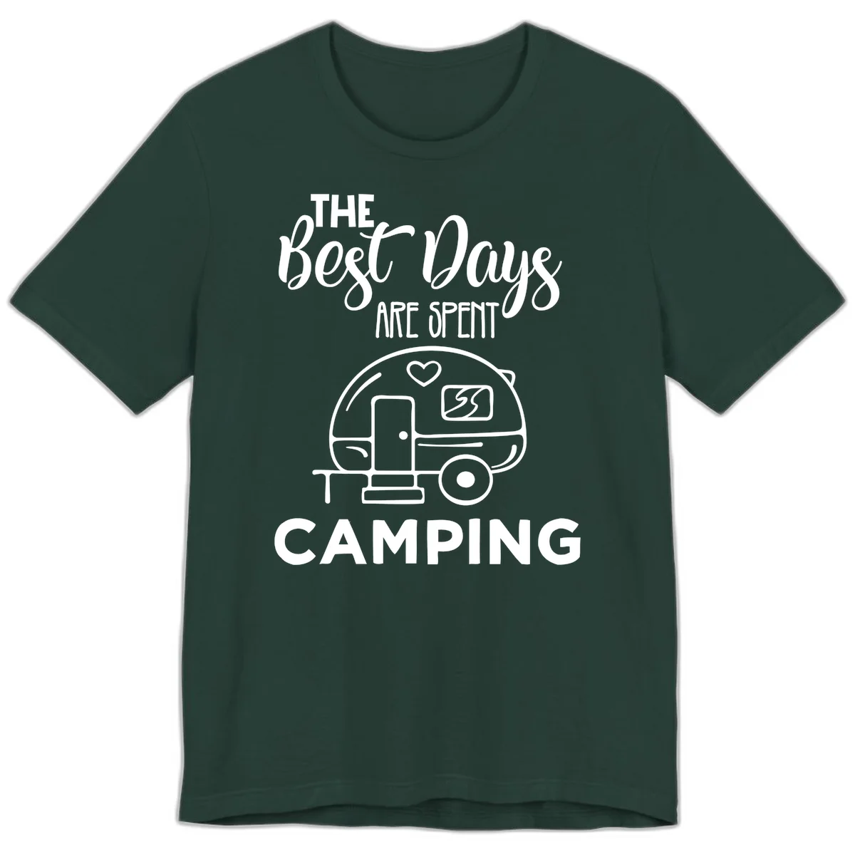 Best days camping design with vintage travel trailer, heart, and picnic table illustration with text in Forest