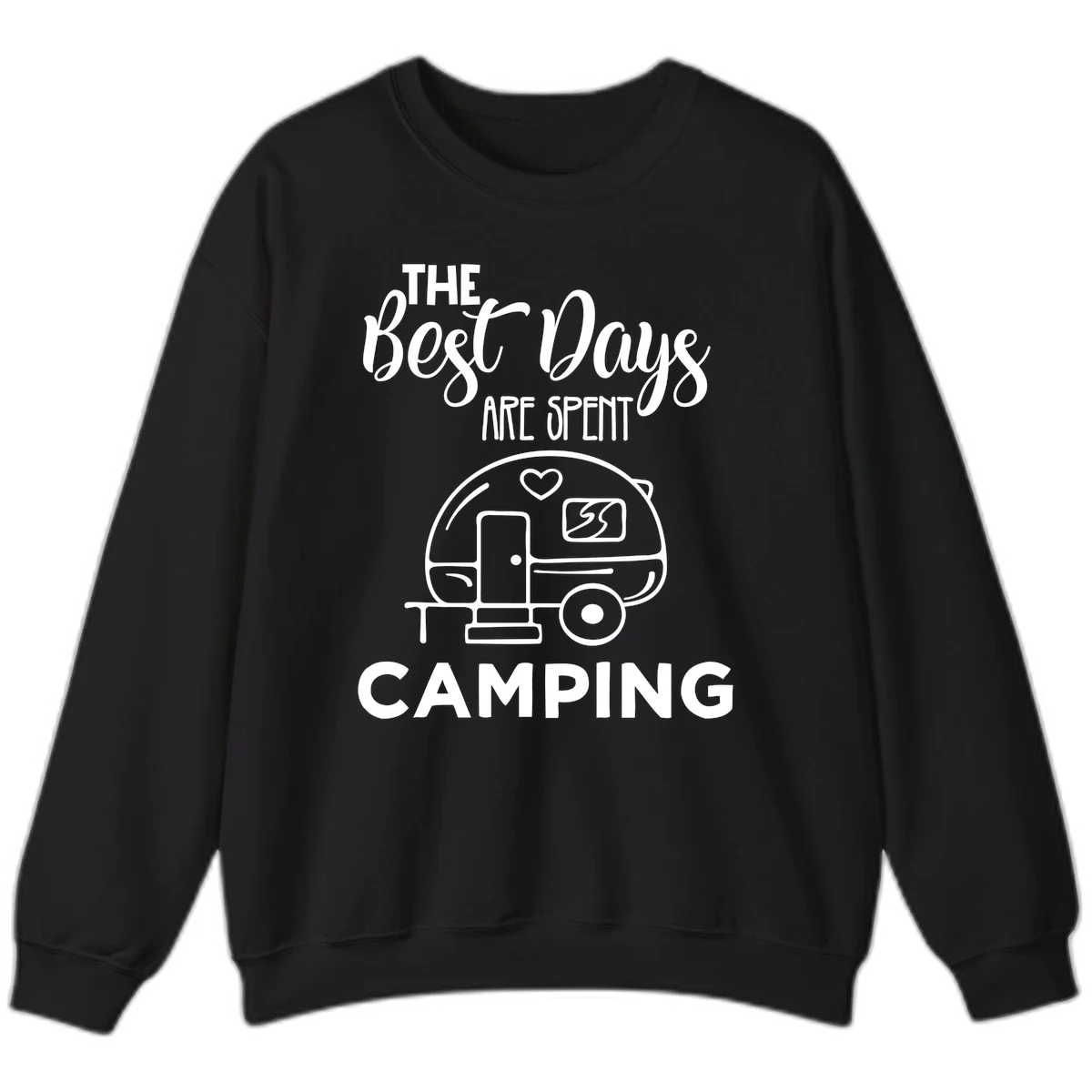 Best days camping design with vintage travel trailer, heart, and picnic table illustration with text in Black