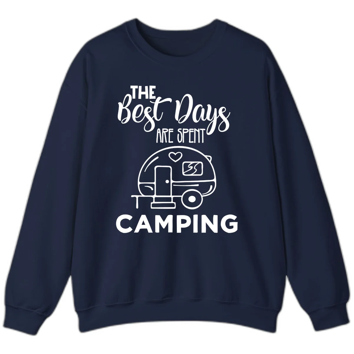Best days camping design with vintage travel trailer, heart, and picnic table illustration with text in Navy