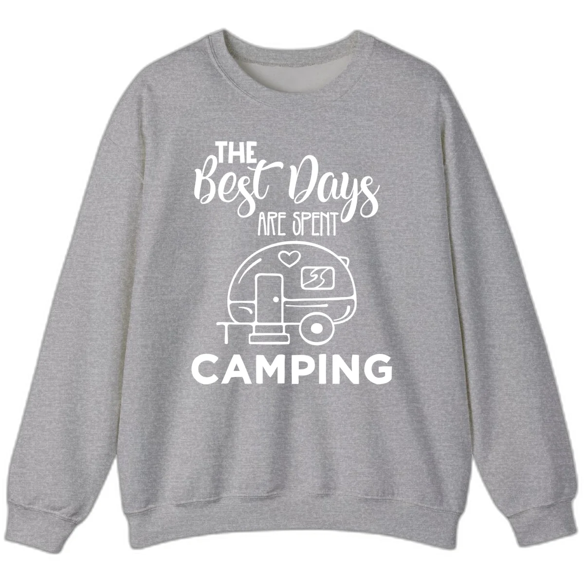 Best days camping design with vintage travel trailer, heart, and picnic table illustration with text in Sport Grey