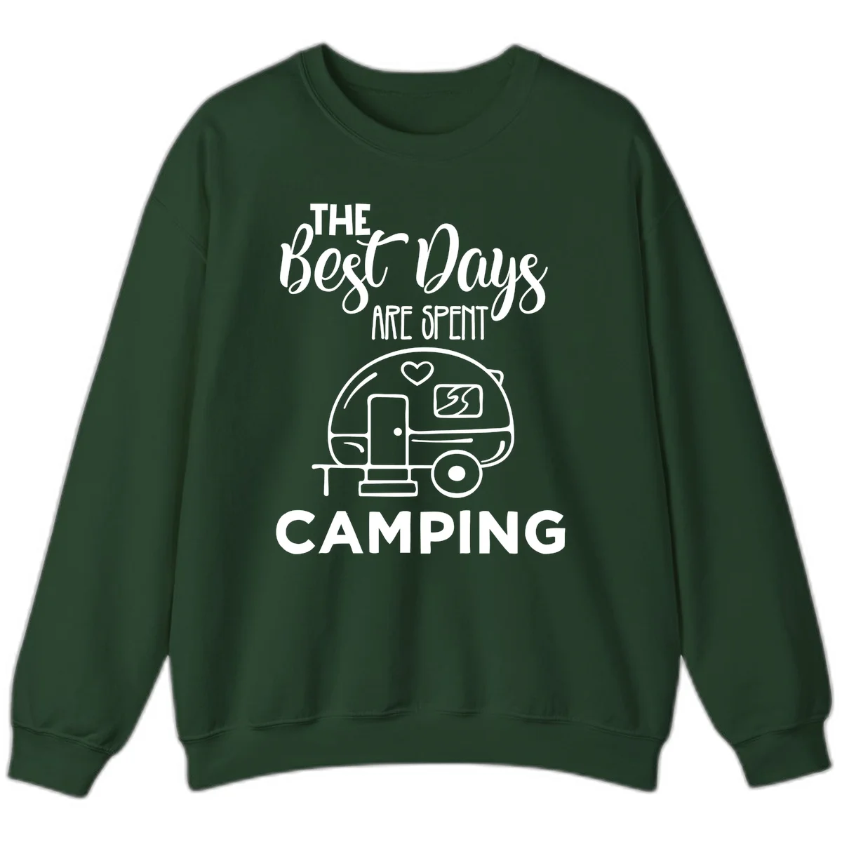 Best days camping design with vintage travel trailer, heart, and picnic table illustration with text in Forest Green