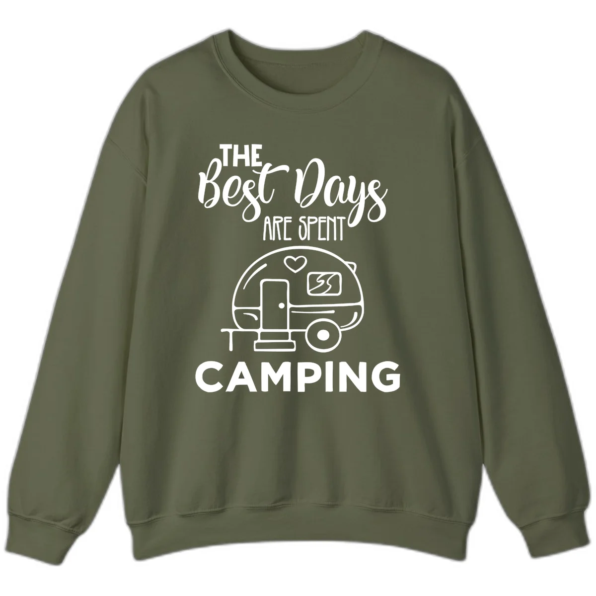Best days camping design with vintage travel trailer, heart, and picnic table illustration with text in Military Green
