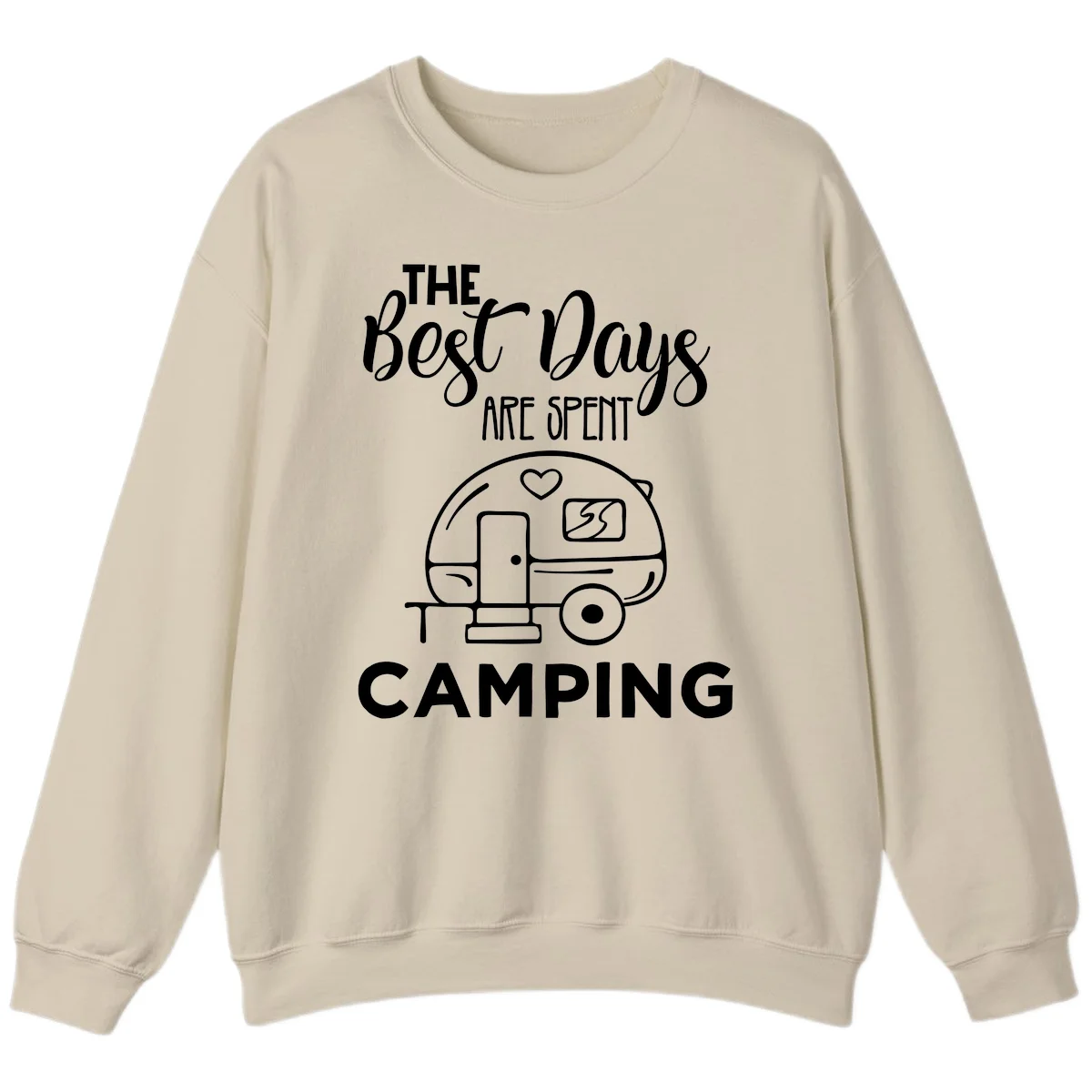 Best days camping design with vintage travel trailer, heart, and picnic table illustration with text in Sand