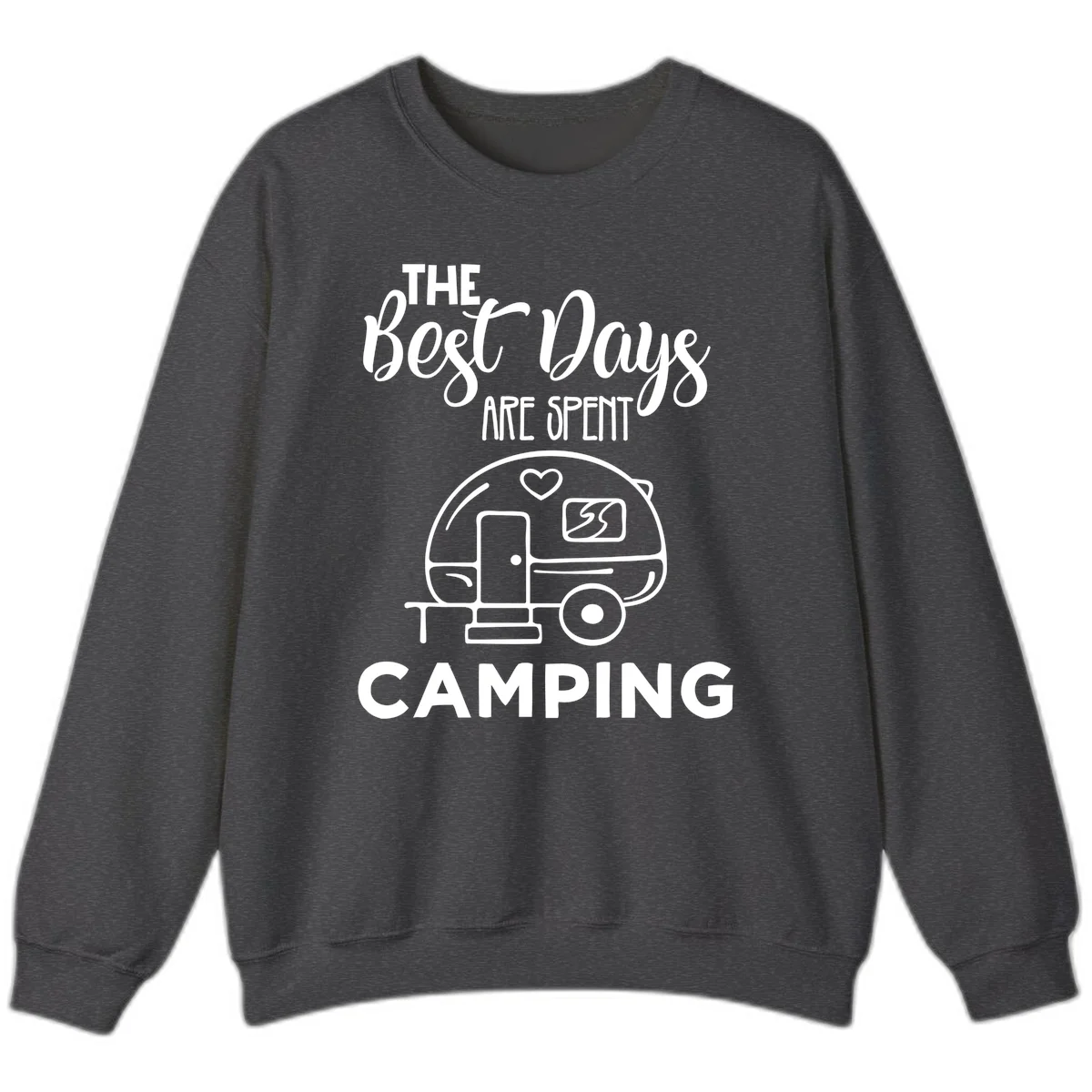 Best days camping design with vintage travel trailer, heart, and picnic table illustration with text in Dark Heather