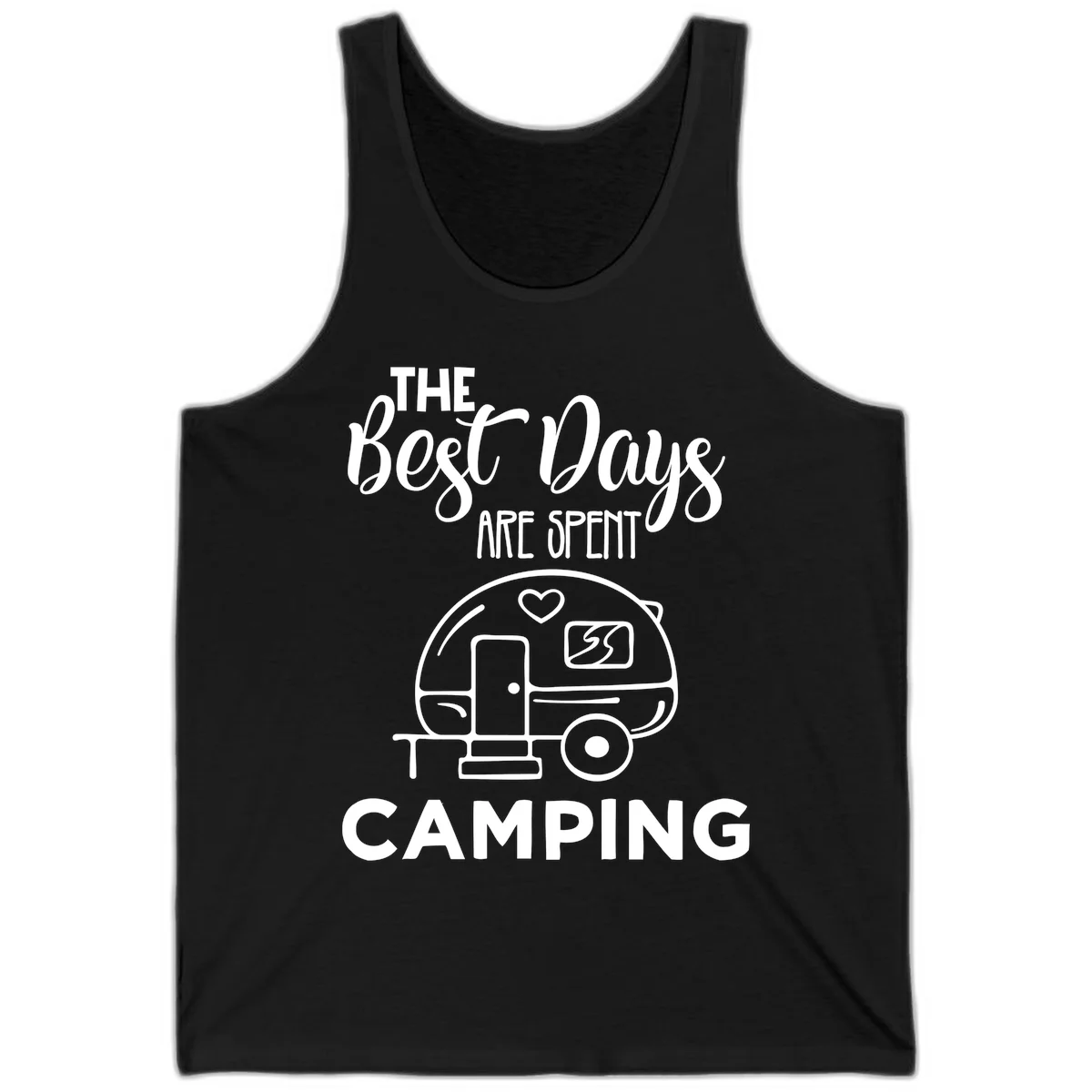 Best days camping design with vintage travel trailer, heart, and picnic table illustration with text in Black