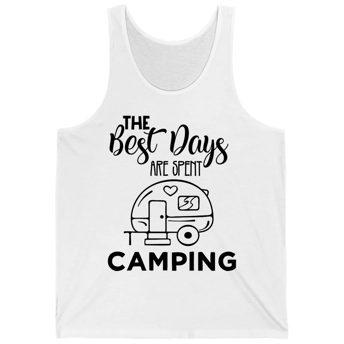 Best days camping design with vintage travel trailer, heart, and picnic table illustration with text in White