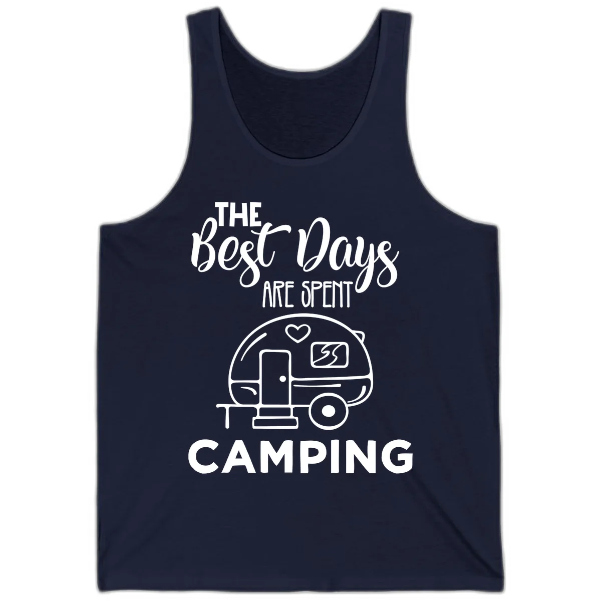 Best days camping design with vintage travel trailer, heart, and picnic table illustration with text in Navy