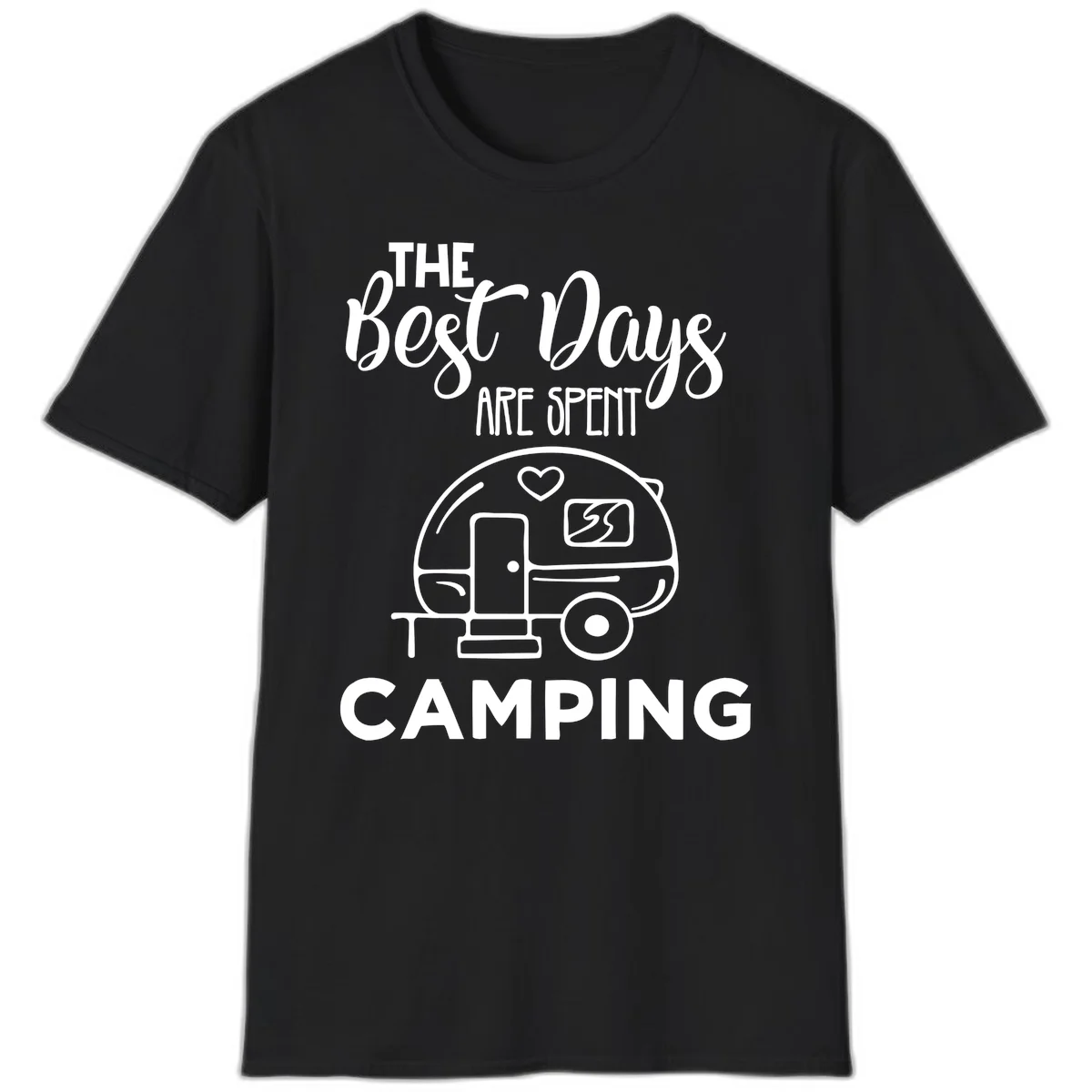 Best days camping design with vintage travel trailer, heart, and picnic table illustration with text in Black