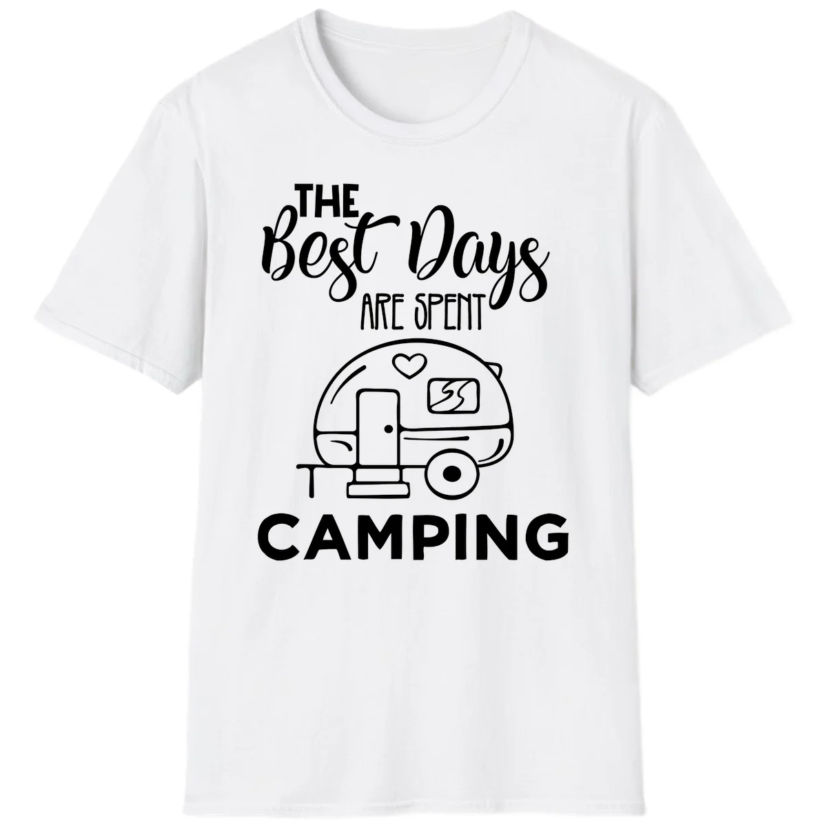 Best days camping design with vintage travel trailer, heart, and picnic table illustration with text in White