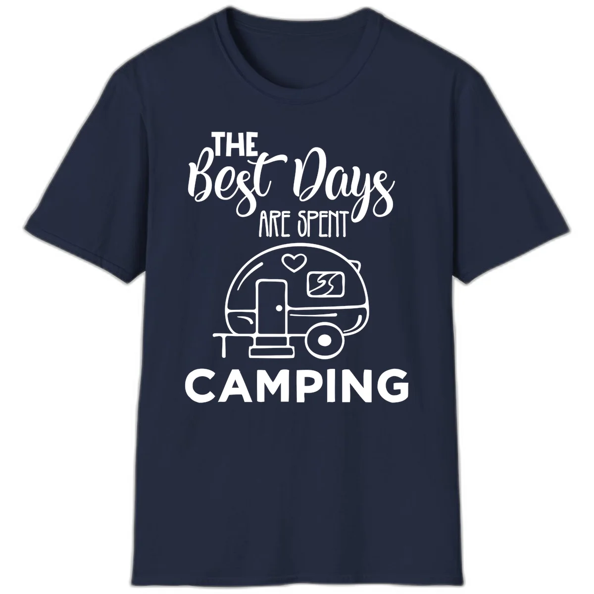 Best days camping design with vintage travel trailer, heart, and picnic table illustration with text in Navy