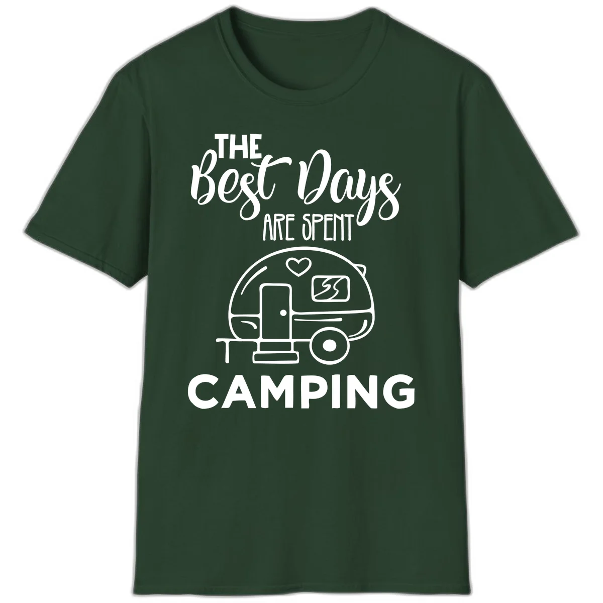 Best days camping design with vintage travel trailer, heart, and picnic table illustration with text in Forest Green