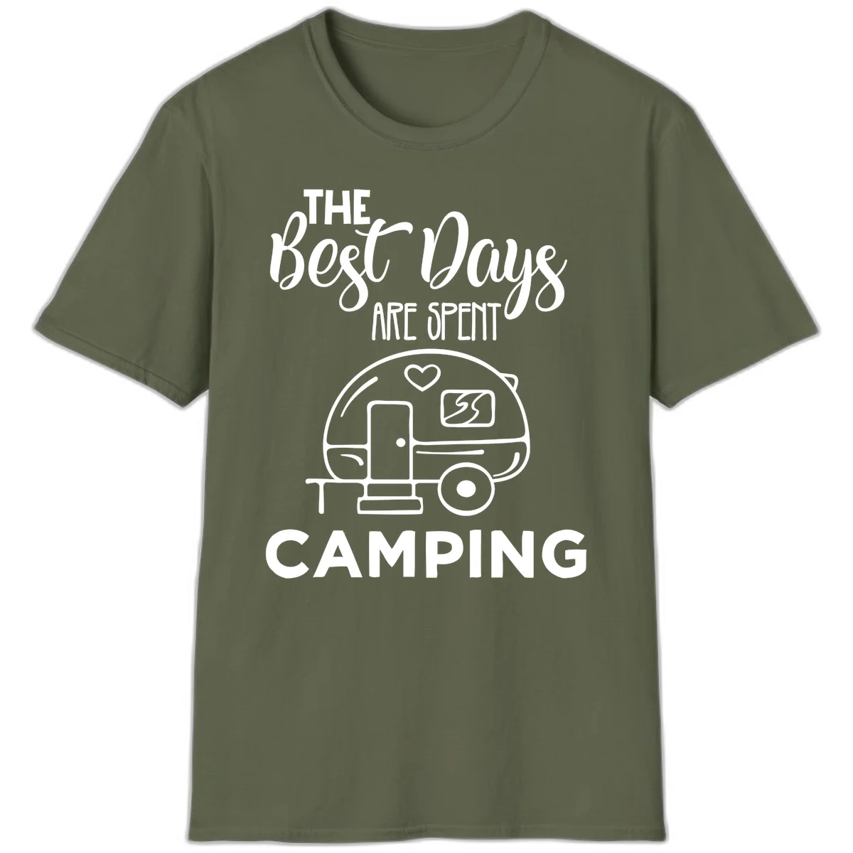 Best days camping design with vintage travel trailer, heart, and picnic table illustration with text in Military Green