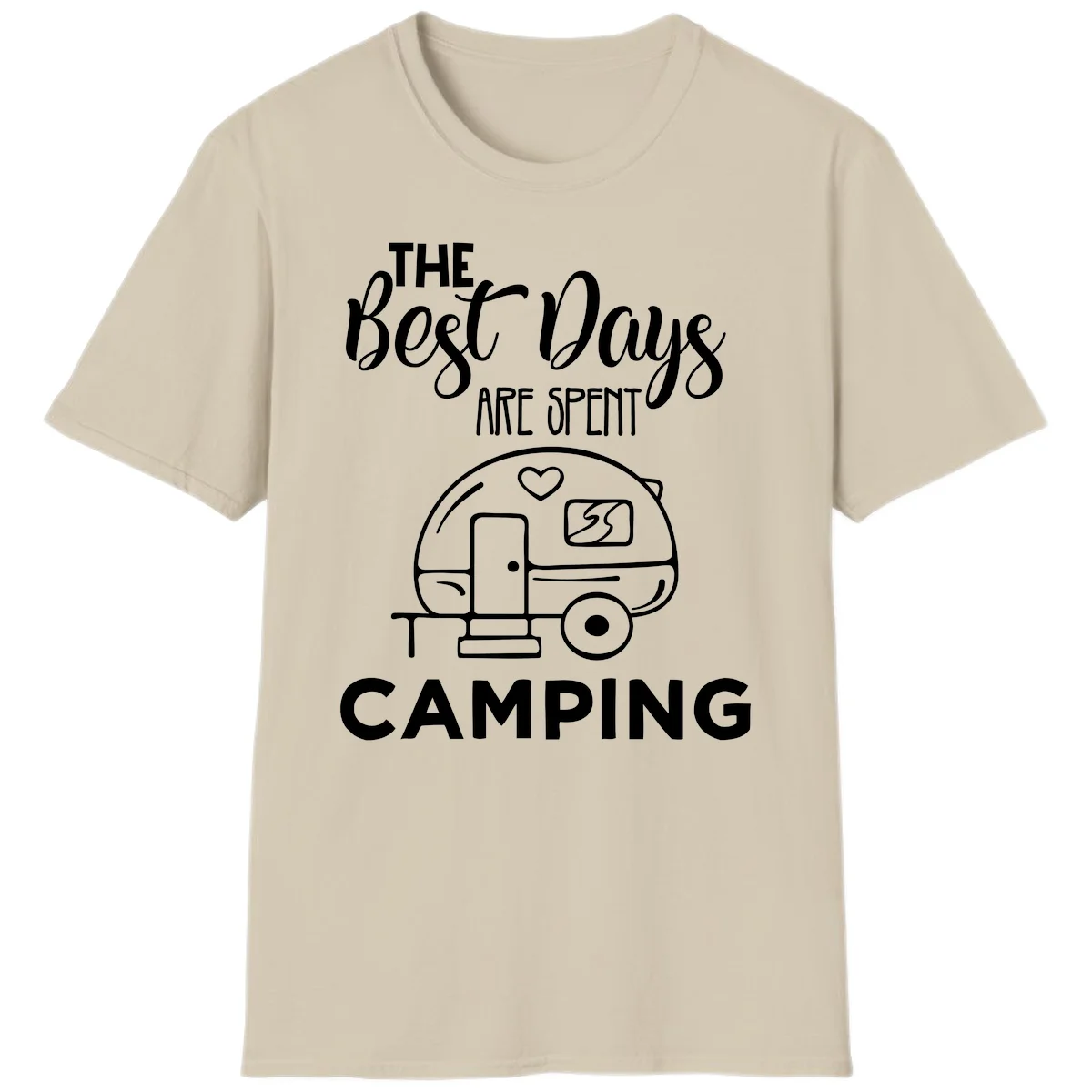 Best days camping design with vintage travel trailer, heart, and picnic table illustration with text in Sand