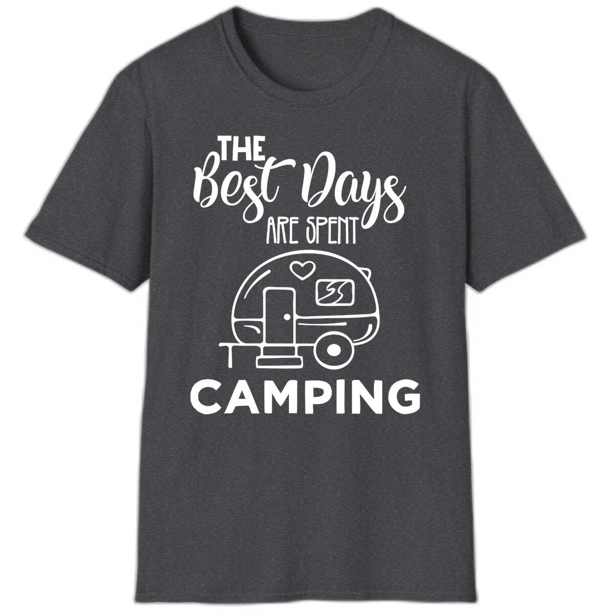 Best days camping design with vintage travel trailer, heart, and picnic table illustration with text in Dark Heather