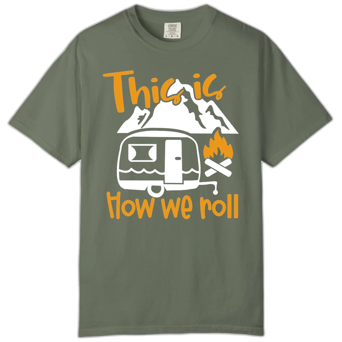 Vintage travel trailer with campfire and mountains, text reads 'This is how we roll' - camping lifestyle illustration in Moss