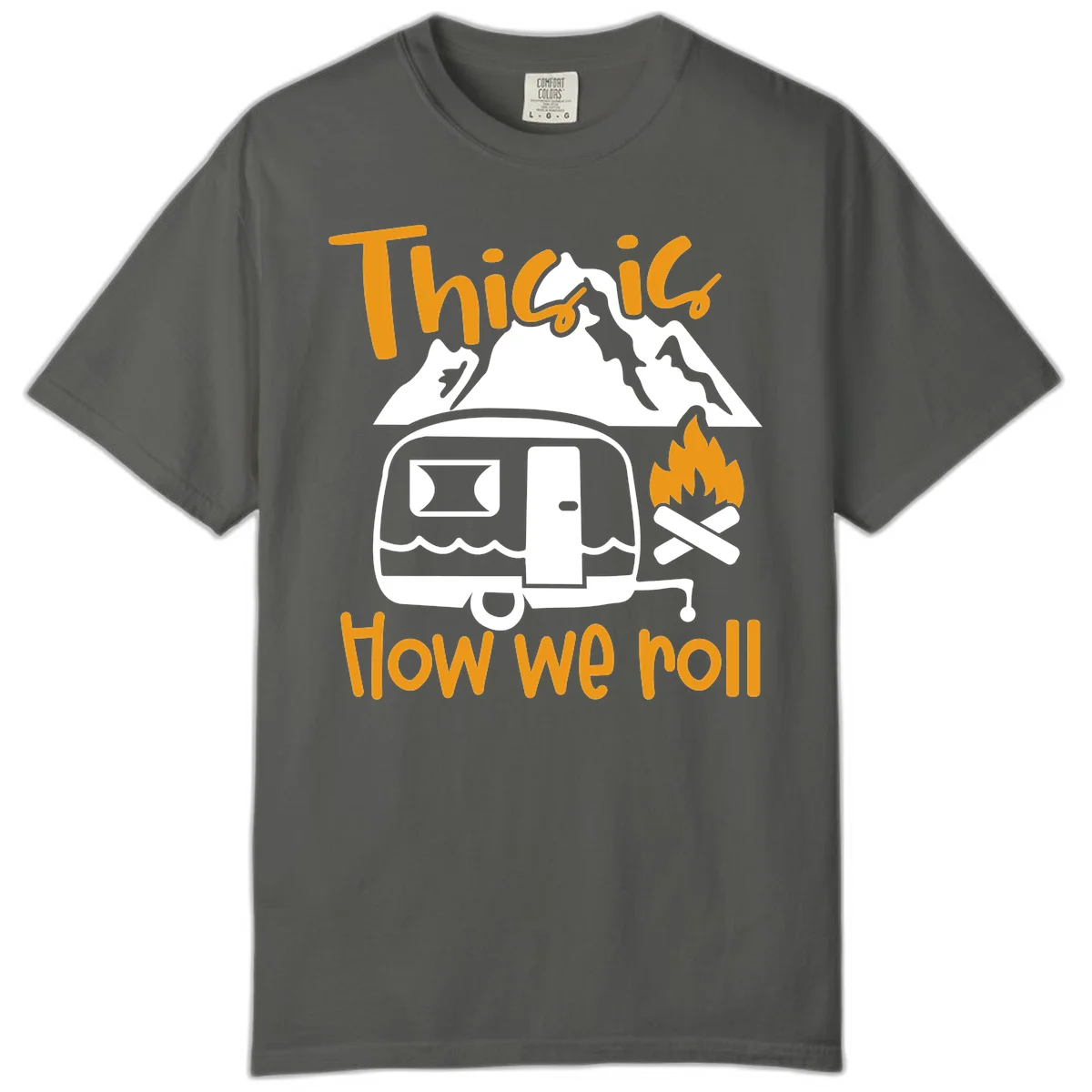 Vintage travel trailer with campfire and mountains, text reads 'This is how we roll' - camping lifestyle illustration in Pepper