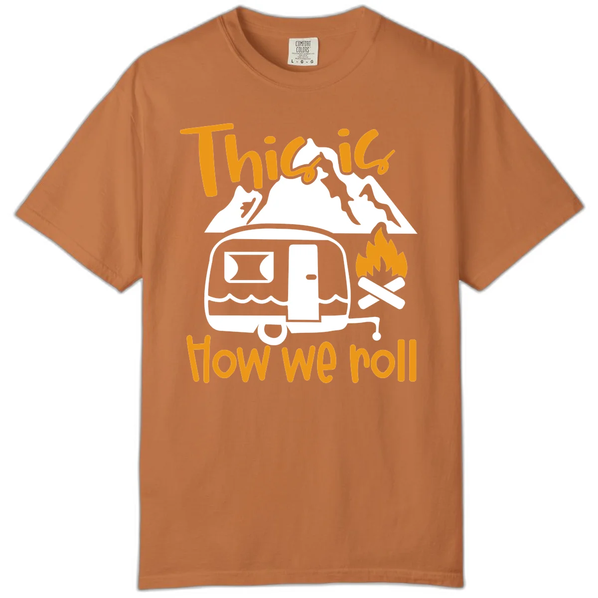 Vintage travel trailer with campfire and mountains, text reads 'This is how we roll' - camping lifestyle illustration in Yam