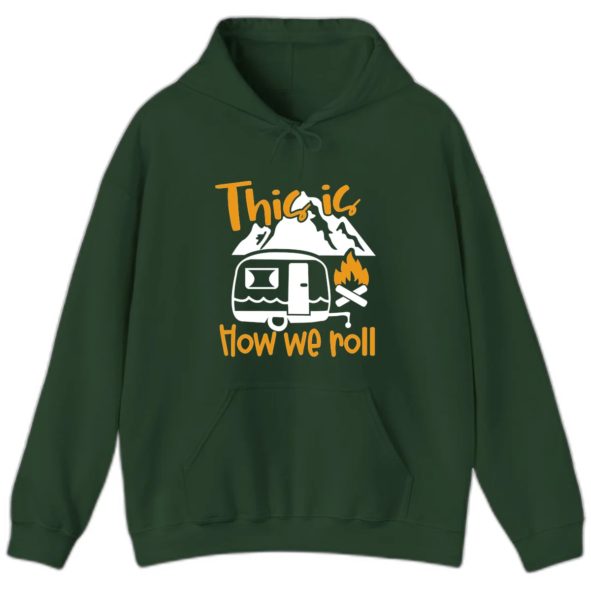 Vintage travel trailer with campfire and mountains, text reads 'This is how we roll' - camping lifestyle illustration in Forest Green