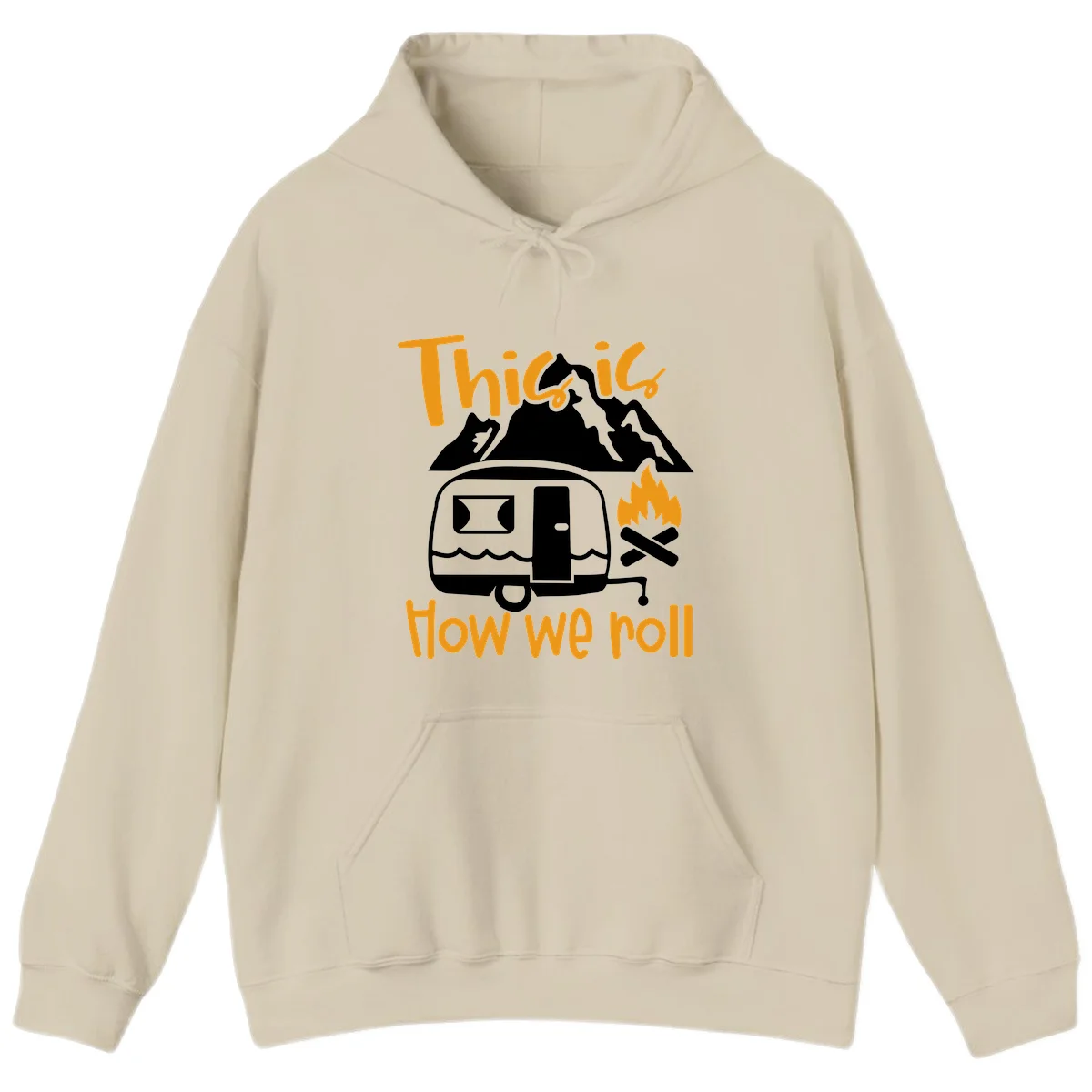 Vintage travel trailer with campfire and mountains, text reads 'This is how we roll' - camping lifestyle illustration in Sand