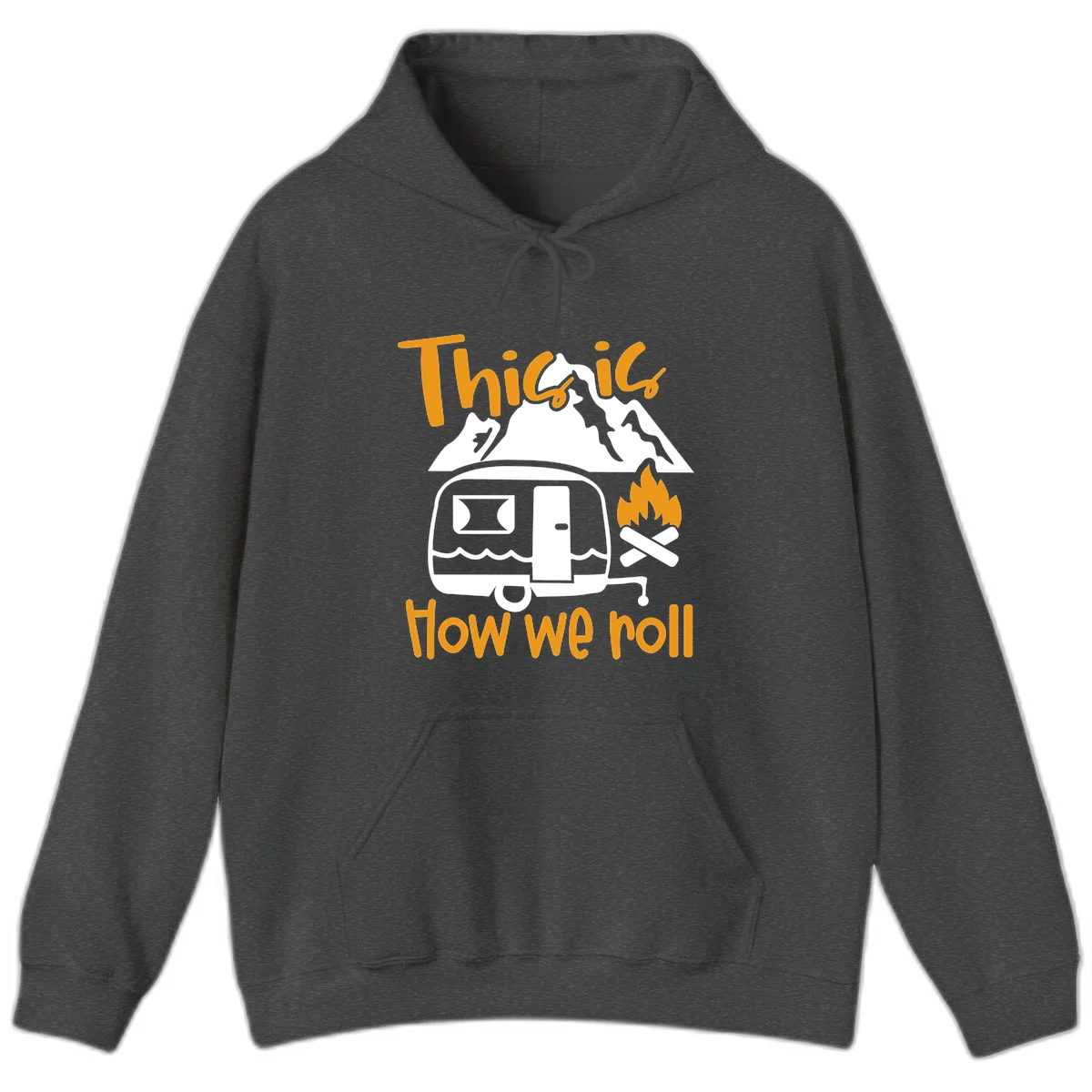 Vintage travel trailer with campfire and mountains, text reads 'This is how we roll' - camping lifestyle illustration in Dark Heather