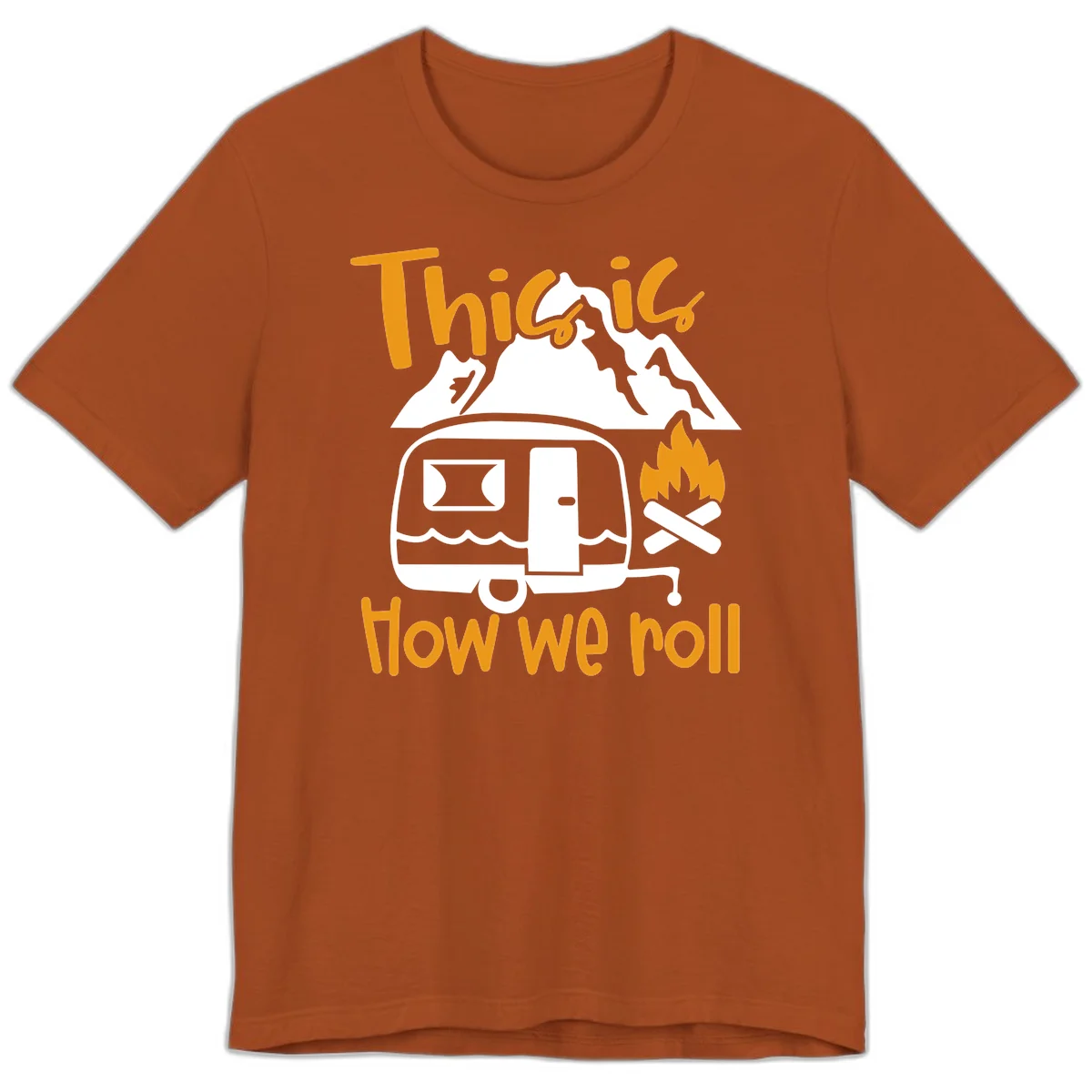 Vintage travel trailer with campfire and mountains, text reads 'This is how we roll' - camping lifestyle illustration in Autumn