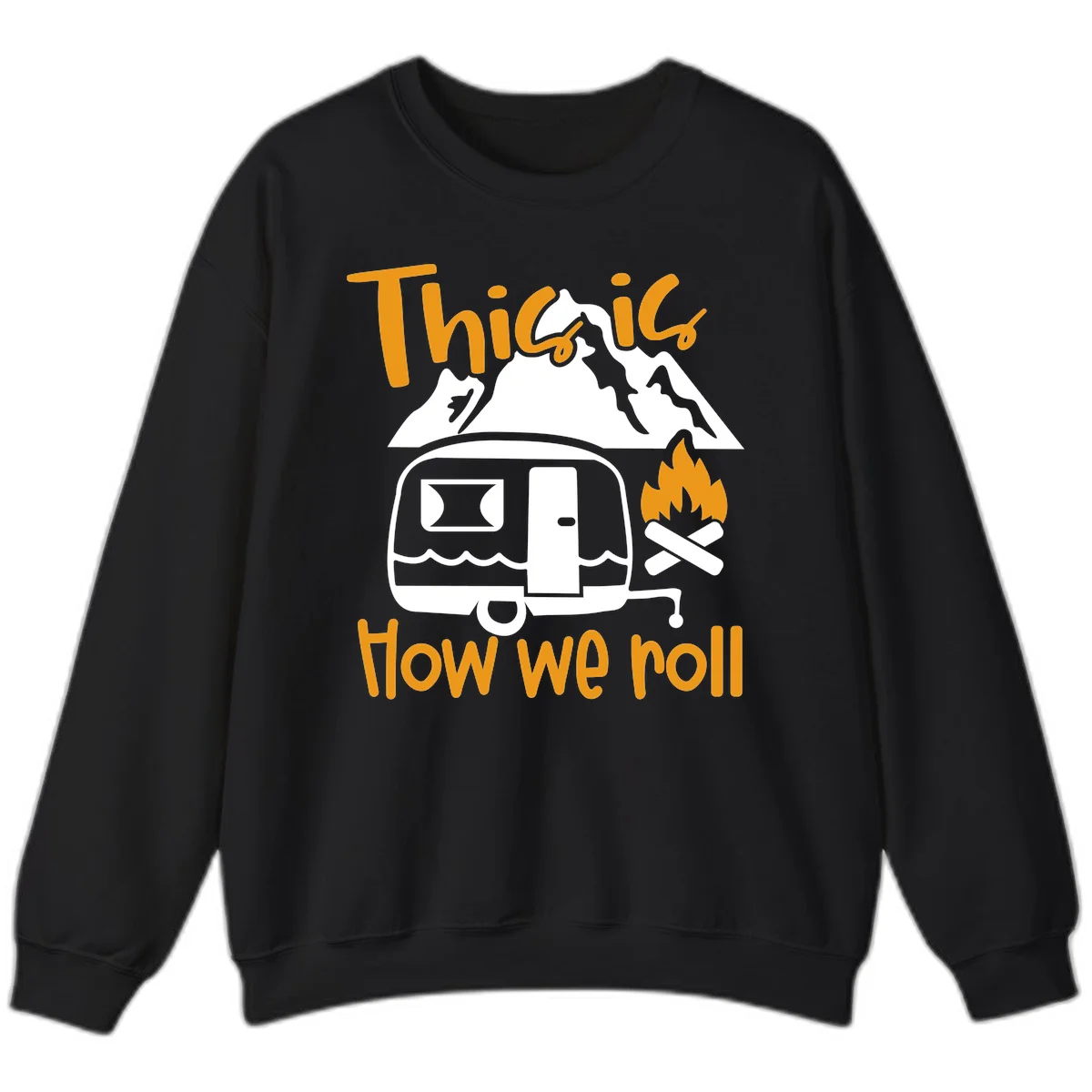 Vintage travel trailer with campfire and mountains, text reads 'This is how we roll' - camping lifestyle illustration in Black