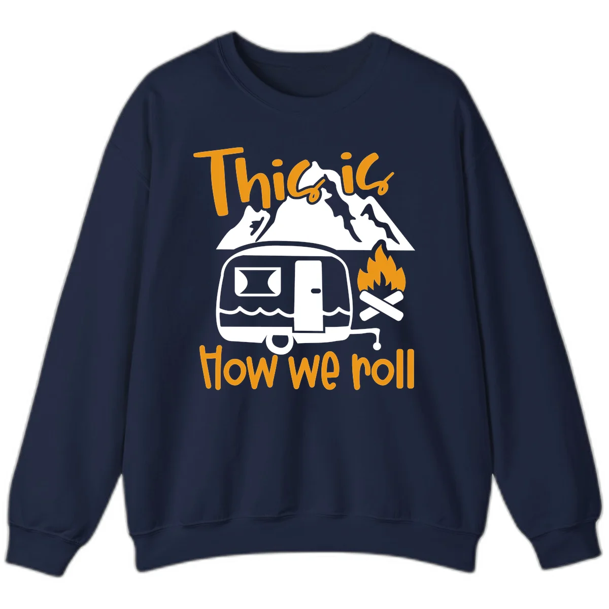 Vintage travel trailer with campfire and mountains, text reads 'This is how we roll' - camping lifestyle illustration in Navy
