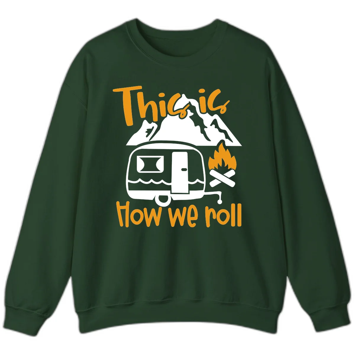 Vintage travel trailer with campfire and mountains, text reads 'This is how we roll' - camping lifestyle illustration in Forest Green